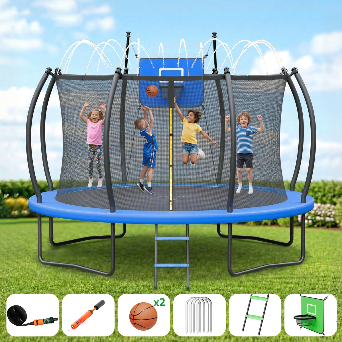 Gardwin Outdoor Trampoline 12FT/14FT Round Jumping Trampoline with Ladder,Sprinkler,Basketball Hoop Board,Recreational Backyard Trampolines Anti-Rust for Kids Gift