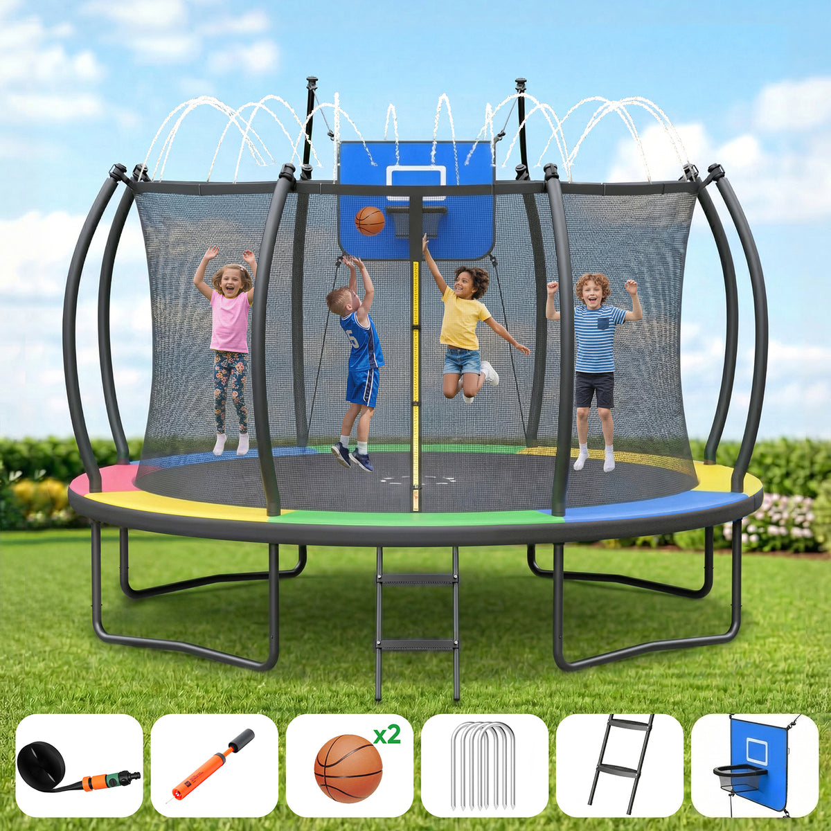 Gardwin Outdoor Trampoline 12FT/14FT Round Jumping Trampoline with Ladder,Sprinkler,Basketball Hoop Board,Recreational Backyard Trampolines Anti-Rust for Kids Gift