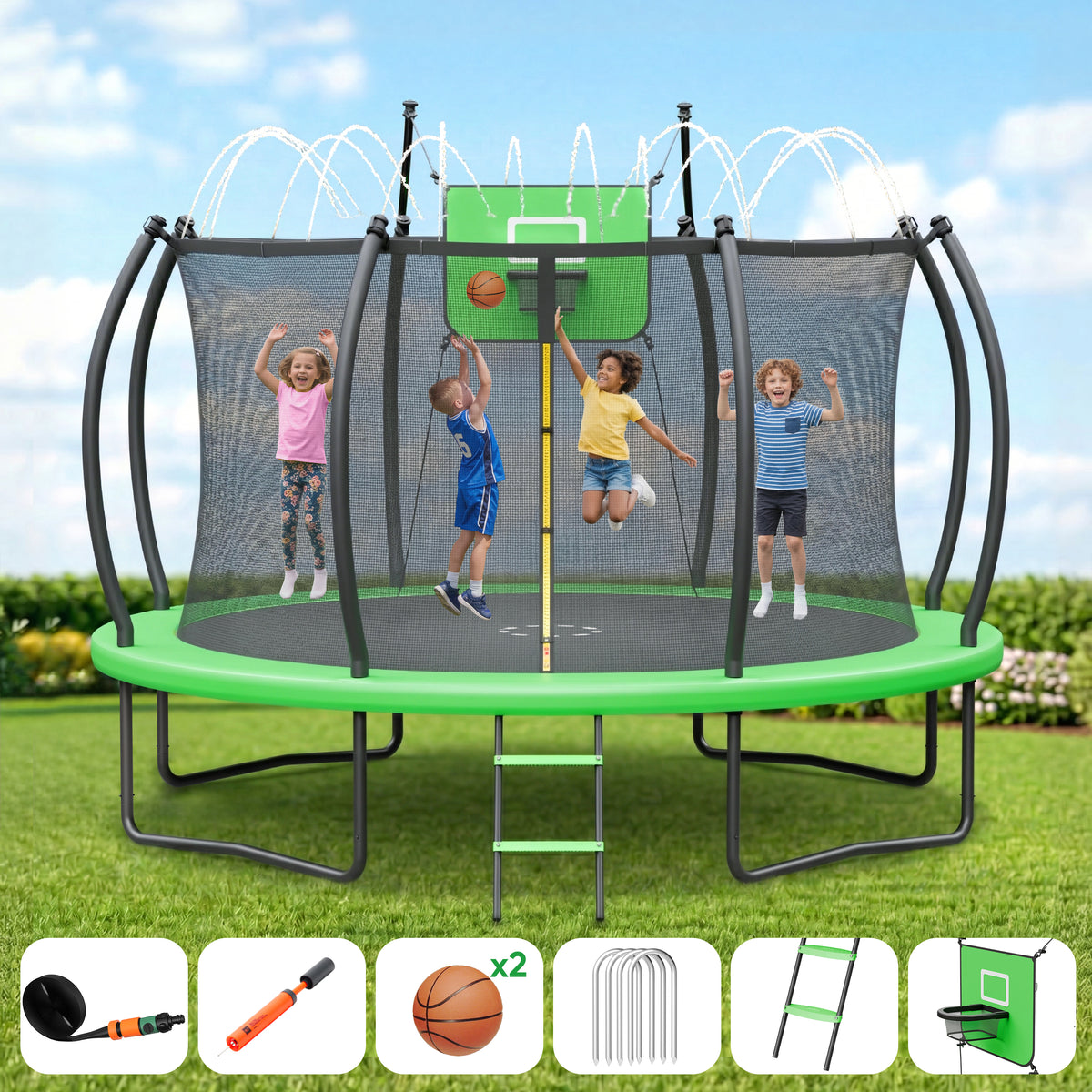 Gardwin Outdoor Trampoline 12FT/14FT Round Jumping Trampoline with Ladder,Sprinkler,Basketball Hoop Board,Recreational Backyard Trampolines Anti-Rust for Kids Gift