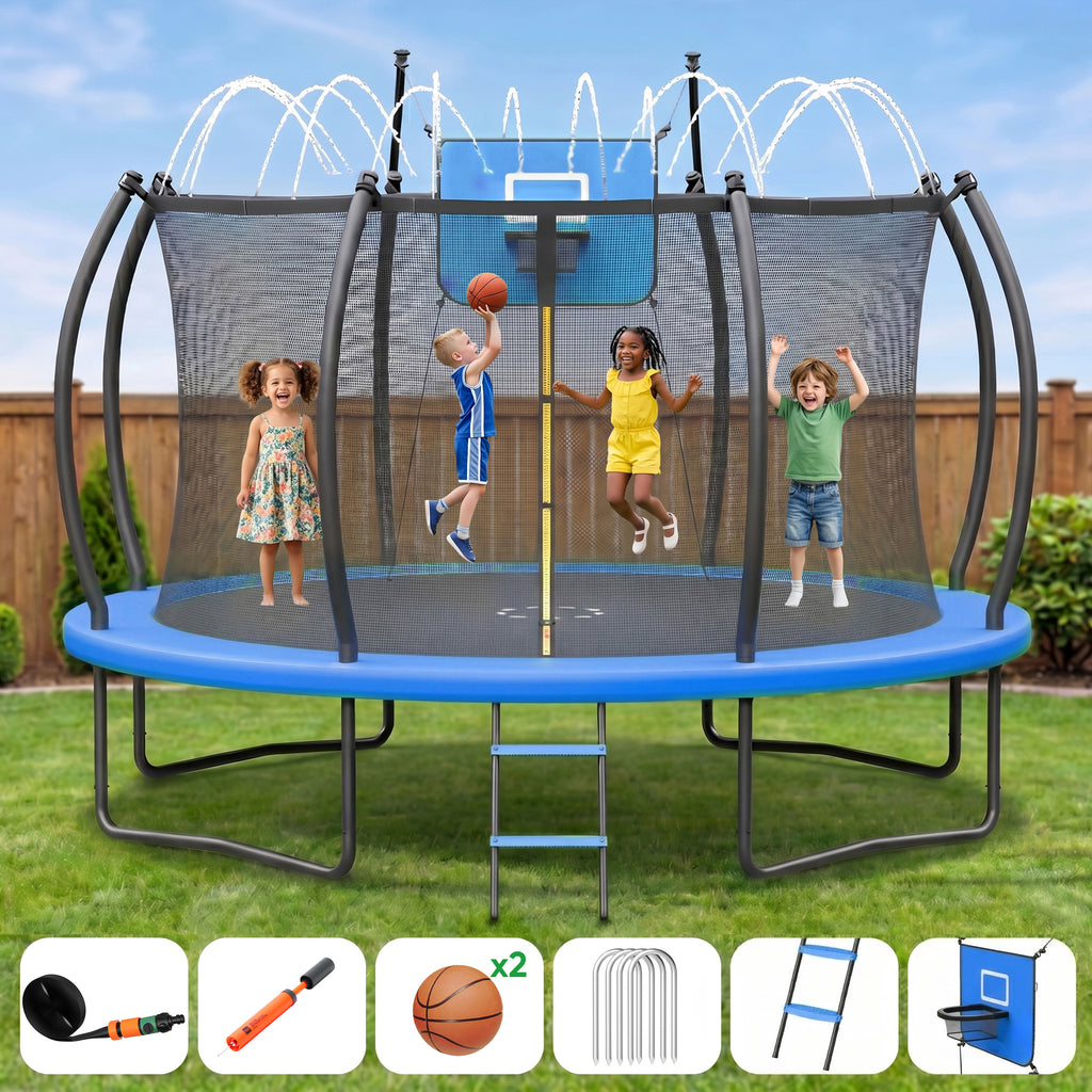 Gardwin Outdoor Trampoline 12FT/14FT Round Jumping Trampoline with Ladder,Sprinkler,Basketball Hoop Board,Recreational Backyard Trampolines Anti-Rust for Kids Gift