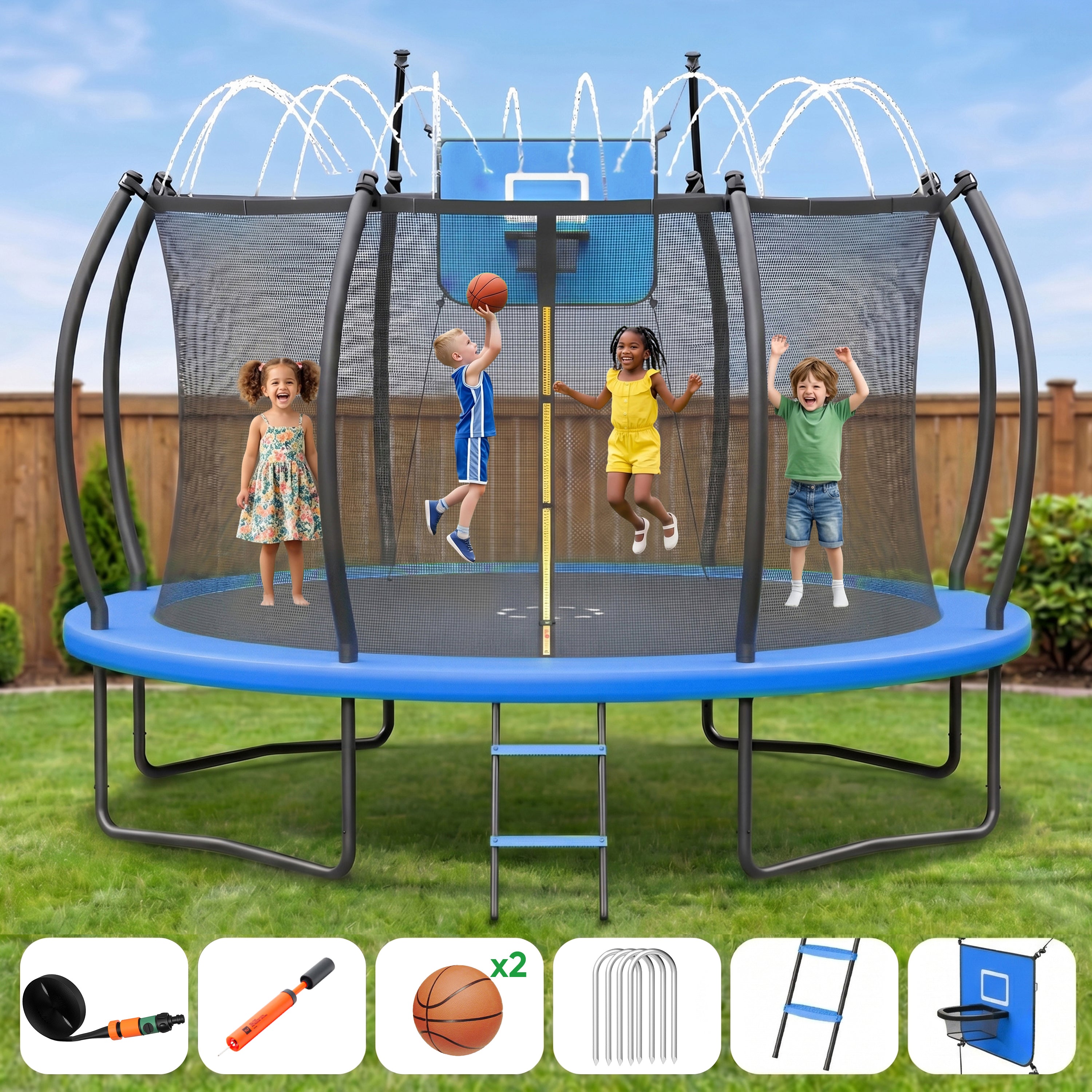 Gardwin Outdoor Trampoline 12FT/14FT Round Jumping Trampoline with Ladder,Sprinkler,Basketball Hoop Board,Recreational Backyard Trampolines Anti-Rust for Kids Gift