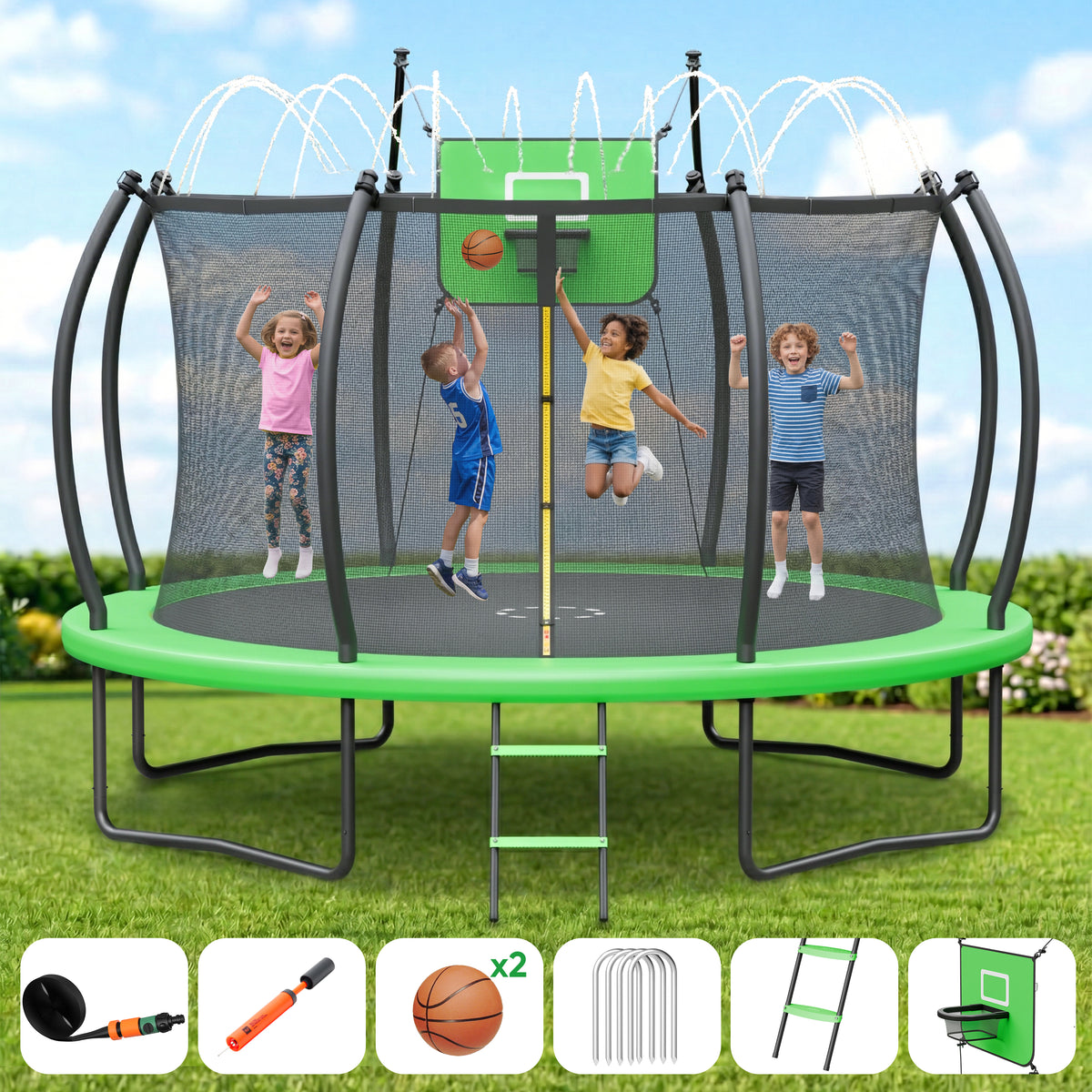 Gardwin Outdoor Trampoline 12FT/14FT Round Jumping Trampoline with Ladder,Sprinkler,Basketball Hoop Board,Recreational Backyard Trampolines Anti-Rust for Kids Gift