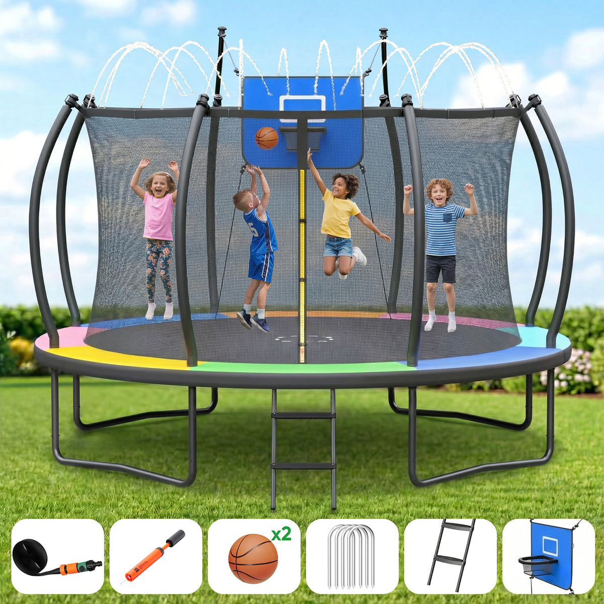 Gardwin Outdoor Trampoline 12FT/14FT Round Jumping Trampoline with Ladder,Sprinkler,Basketball Hoop Board,Recreational Backyard Trampolines Anti-Rust for Kids Gift