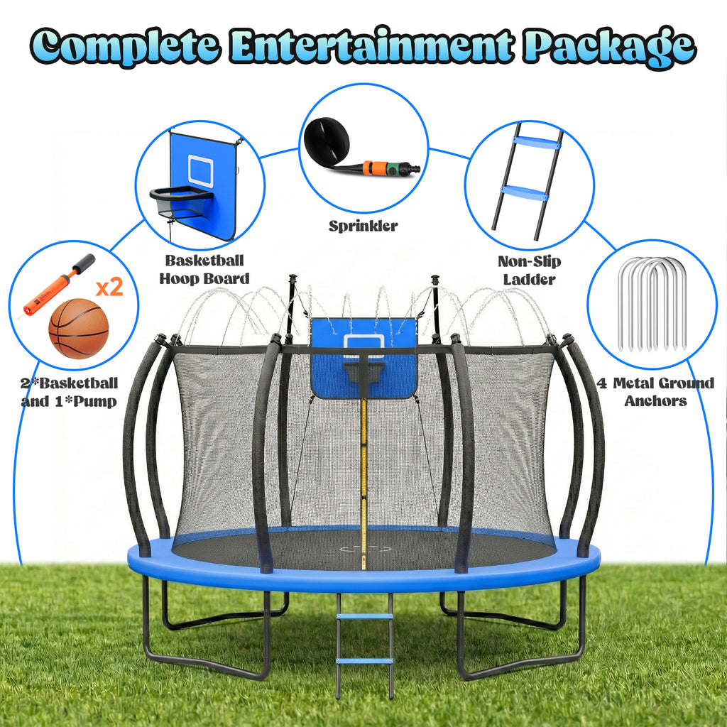 Gardwin Outdoor Trampoline 12FT/14FT Round Jumping Trampoline with Ladder,Sprinkler,Basketball Hoop Board,Recreational Backyard Trampolines Anti-Rust for Kids Gift