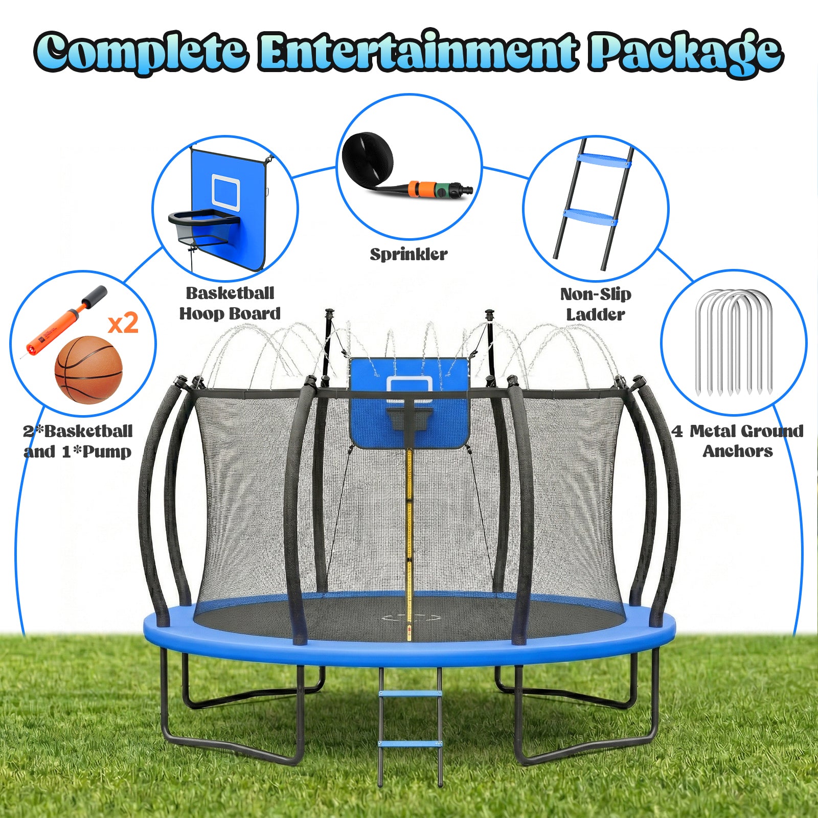 Gardwin Outdoor Trampoline 12FT/14FT Round Jumping Trampoline with Ladder,Sprinkler,Basketball Hoop Board,Recreational Backyard Trampolines Anti-Rust for Kids Gift
