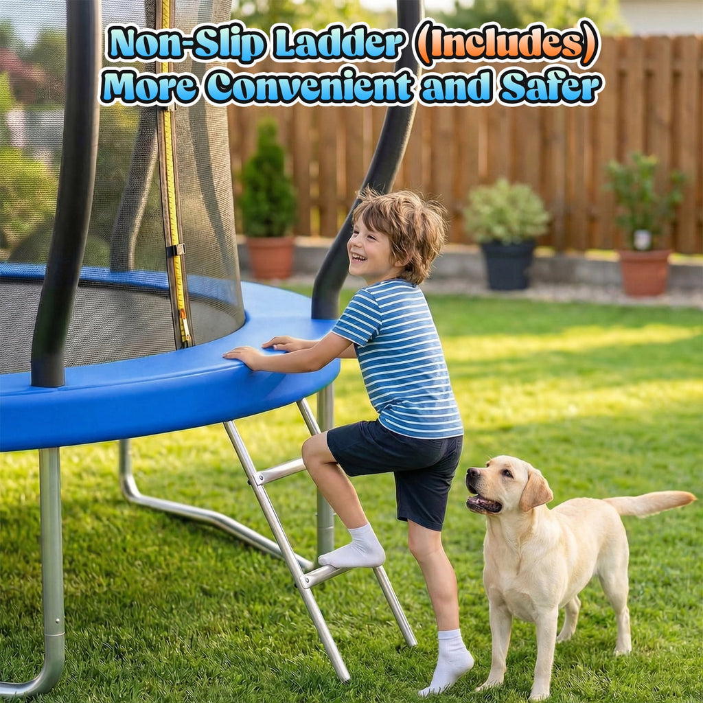 Gardwin GW-1404HI-BL Outdoor Trampoline 10FT/12FT/14FT Round Jumping Trampoline with Enclosure Net and Ladder,Recreational Backyard Trampolines Anti-Rust for Kids Birthday Gift