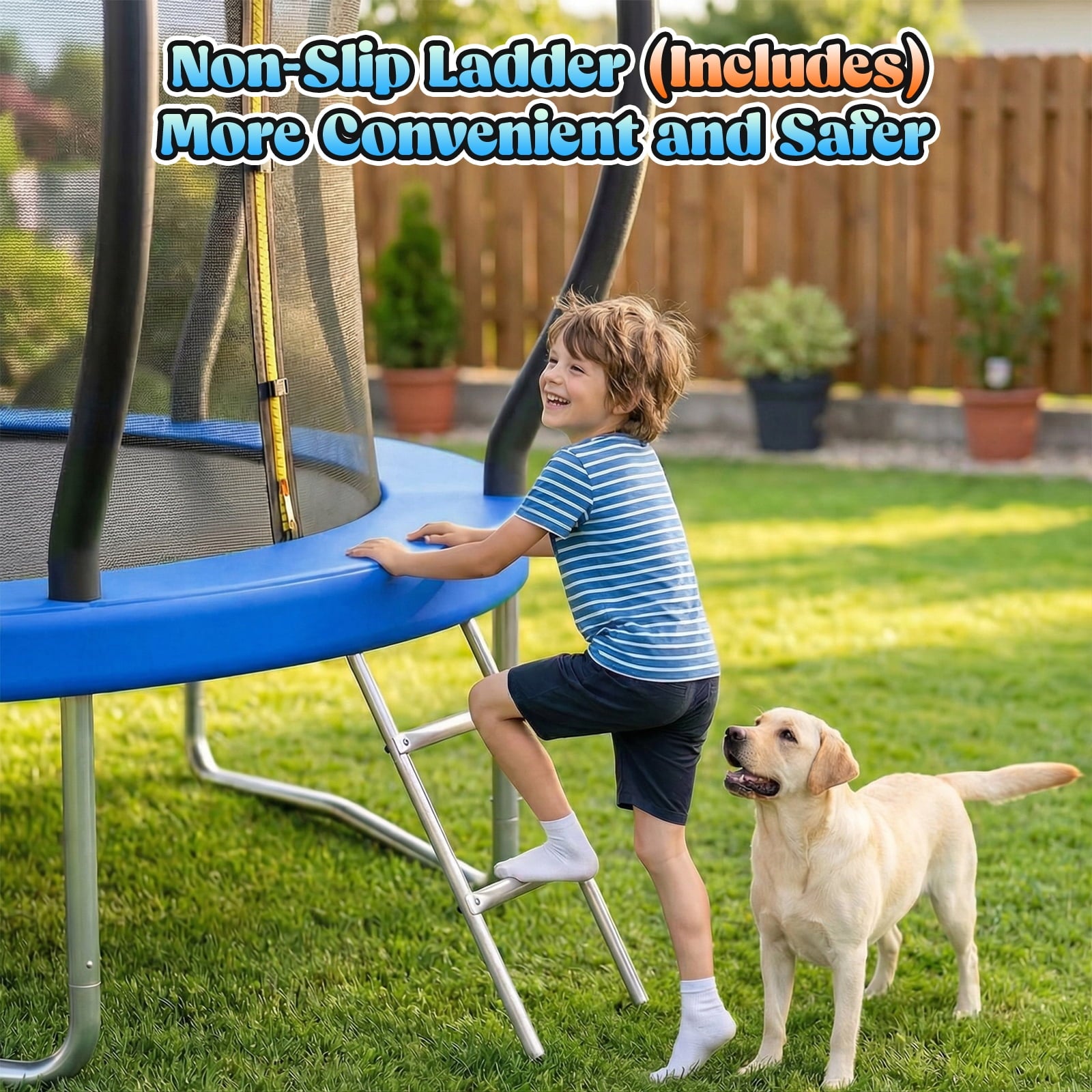 Gardwin GW-1404HI-BL Outdoor Trampoline 10FT/12FT/14FT Round Jumping Trampoline with Enclosure Net and Ladder,Recreational Backyard Trampolines Anti-Rust for Kids Birthday Gift