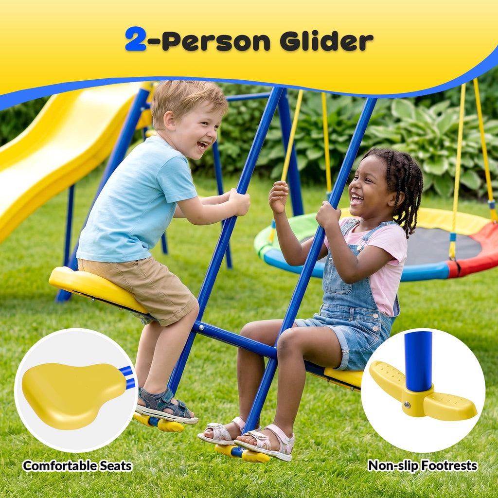 Gardwin GW-SW501-BY  Swing Sets Heavy-Duty Outdoor Metal Swing sets for Backyard,Playground,Outside Toys with Glider,Saucer Swing,Belt Swing,Wave Slide,Trapeze Bar Swing for 7 Kids Aged 3-12