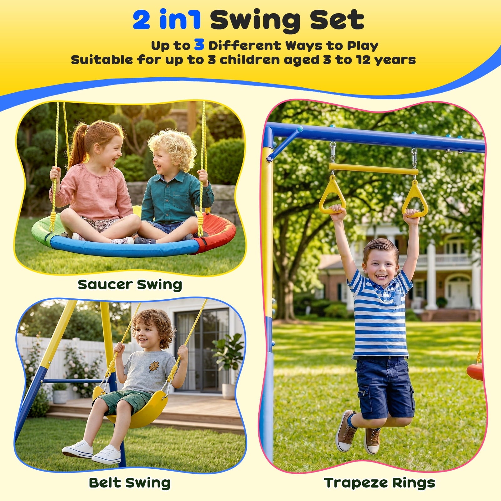 Gardwin GW-SW201-BY Super Saucer Metal Swing Set with 2-Person Saucer Swing,Belt Swing and Bonus Trapeze Rings,Outdoor Backyard Fun for Kids Aged 3-12
