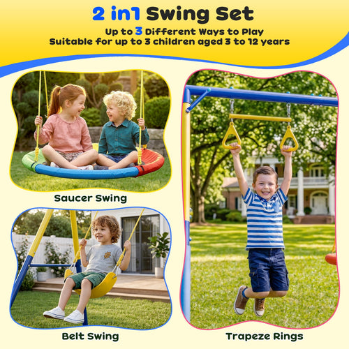 Gardwin GW-SW201-BY Super Saucer Metal Swing Set with 2-Person Saucer Swing,Belt Swing and Bonus Trapeze Rings,Outdoor Backyard Fun for Kids Aged 3-12