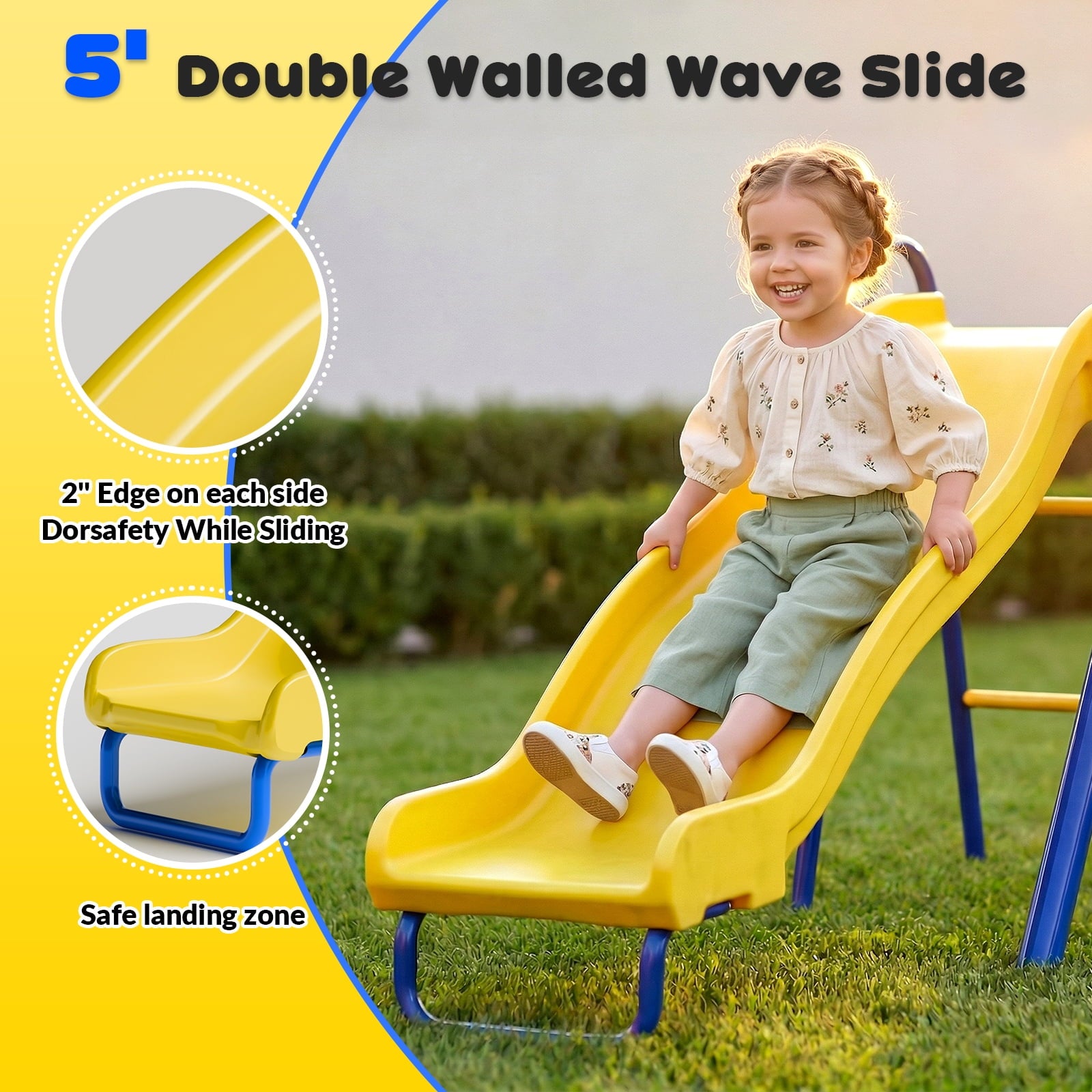 Gardwin GW-SW501-BY  Swing Sets Heavy-Duty Outdoor Metal Swing sets for Backyard,Playground,Outside Toys with Glider,Saucer Swing,Belt Swing,Wave Slide,Trapeze Bar Swing for 7 Kids Aged 3-12