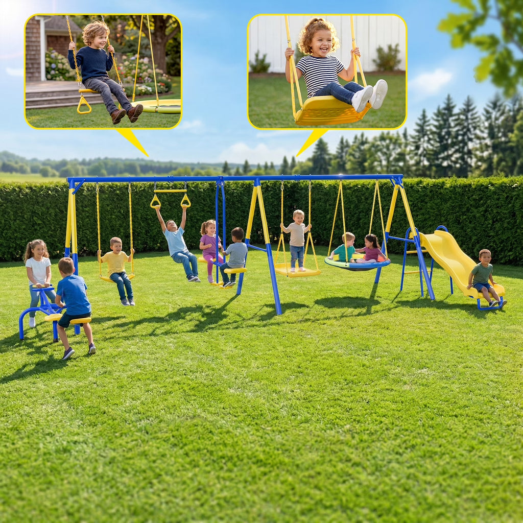 Gardwin GW-SW701-BY 7in1 Metal Swing Sets with Trampoline,Outdoor Swing sets for Backyard,Outside Toys with Saucer Swing,Slide,Glider,Belt Swing,Trapeze Bar,Standing Swing,Teeter Totters for 10 Kids Aged 3-12