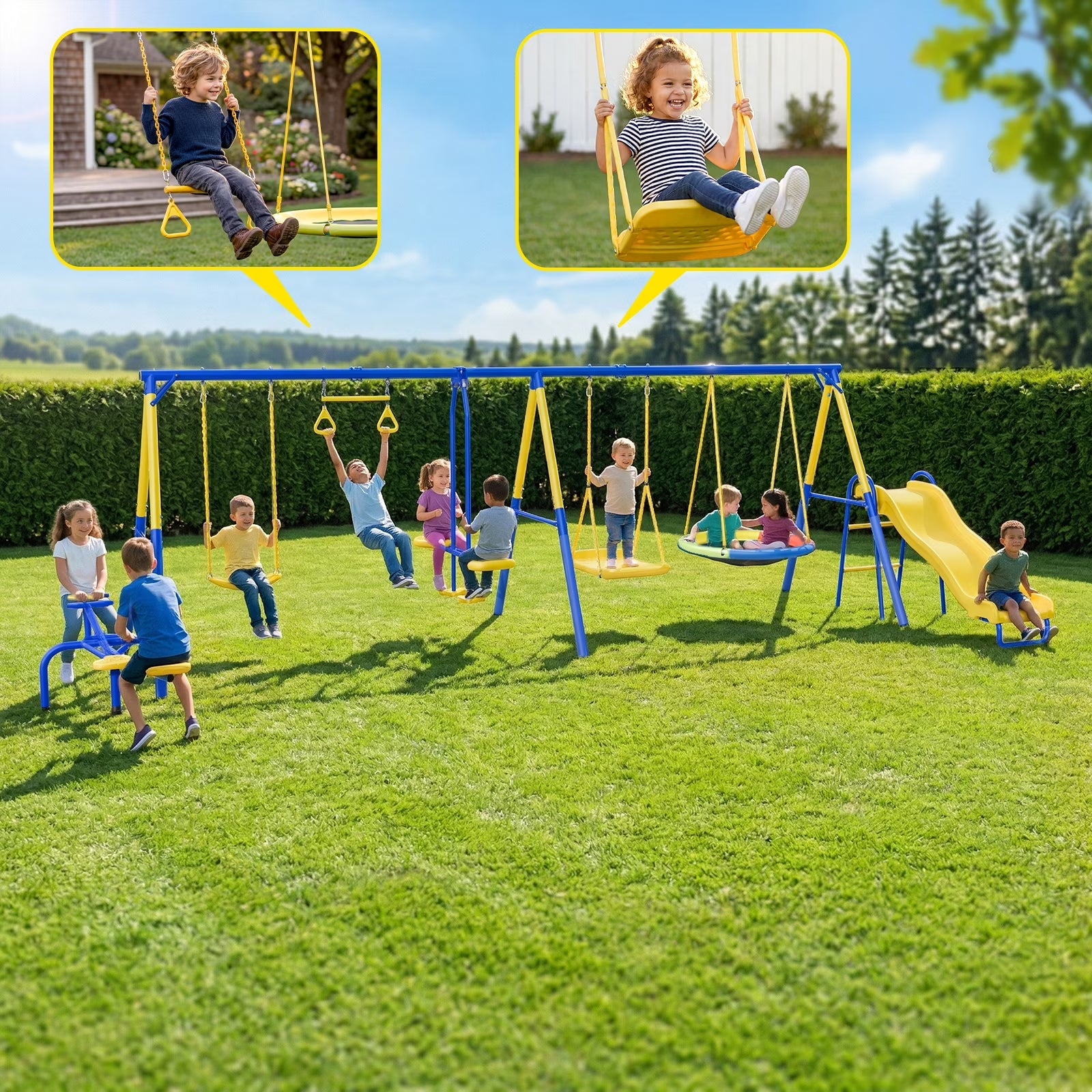 Gardwin GW-SW701-BY 7in1 Metal Swing Sets with Trampoline,Outdoor Swing sets for Backyard,Outside Toys with Saucer Swing,Slide,Glider,Belt Swing,Trapeze Bar,Standing Swing,Teeter Totters for 10 Kids Aged 3-12