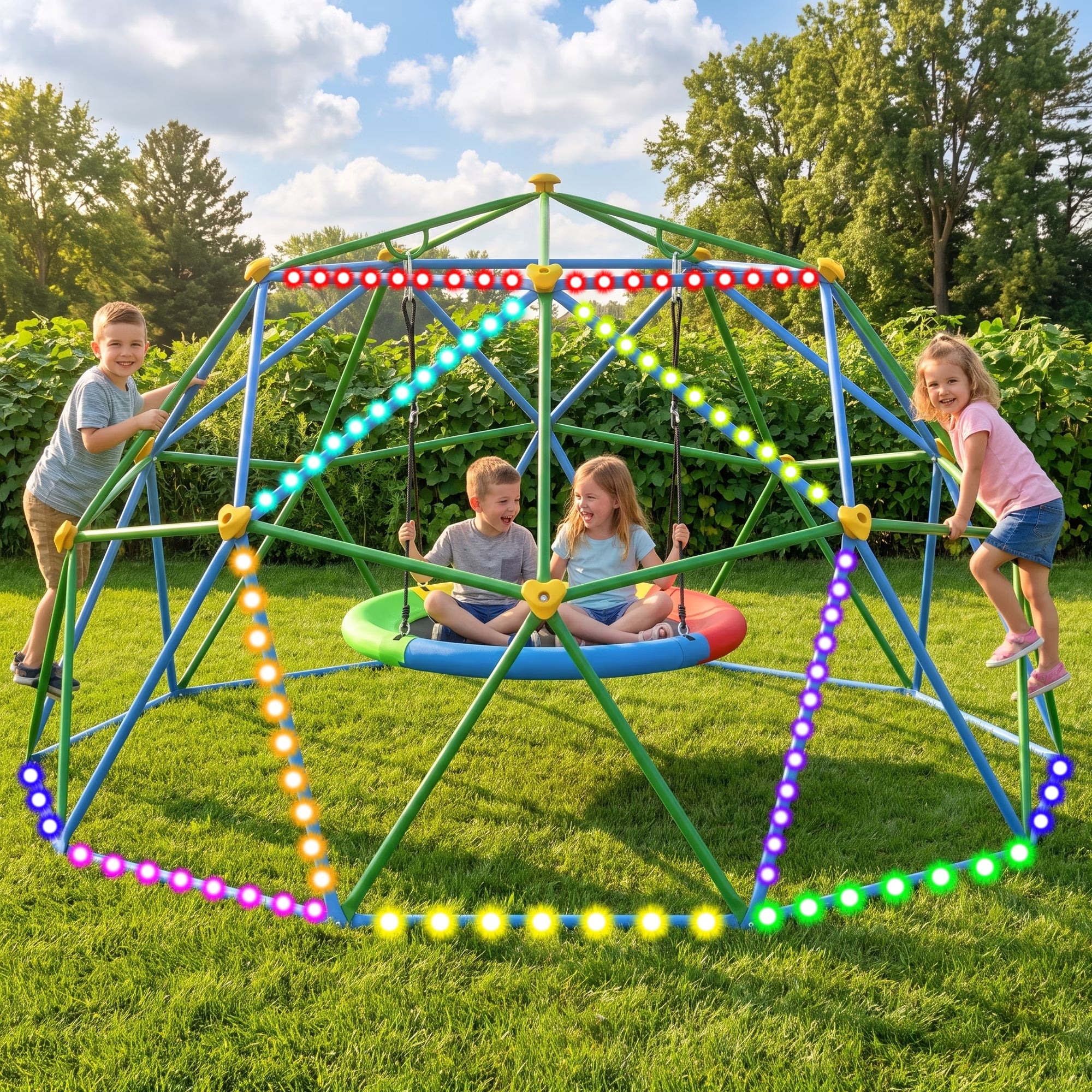10FT Climber Dome with Saucer Swing and Led String Light,Gardwin Kids Outdoor Jungle Gym Geometric Climbing Domer Outdoor Play Toddler Set for Ages 3-12, Supports up to 880lbs