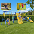6 in1 Metal Swing Sets,Gardwin GW-SW503-BY Heavy-Duty Outdoor Swing sets for Backyard,Playground,Outside Toys with Climber Net,Climber Wall,Saucer Swing,Wave Slide,Belt Swing ,Trapeze Bar for 7 Kids Aged 3-12