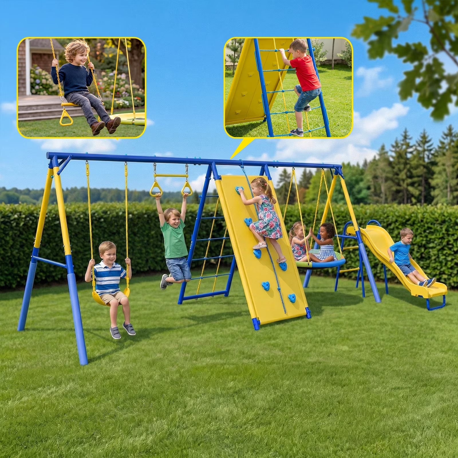 6 in1 Metal Swing Sets,Gardwin GW-SW503-BY Heavy-Duty Outdoor Swing sets for Backyard,Playground,Outside Toys with Climber Net,Climber Wall,Saucer Swing,Wave Slide,Belt Swing ,Trapeze Bar for 7 Kids Aged 3-12