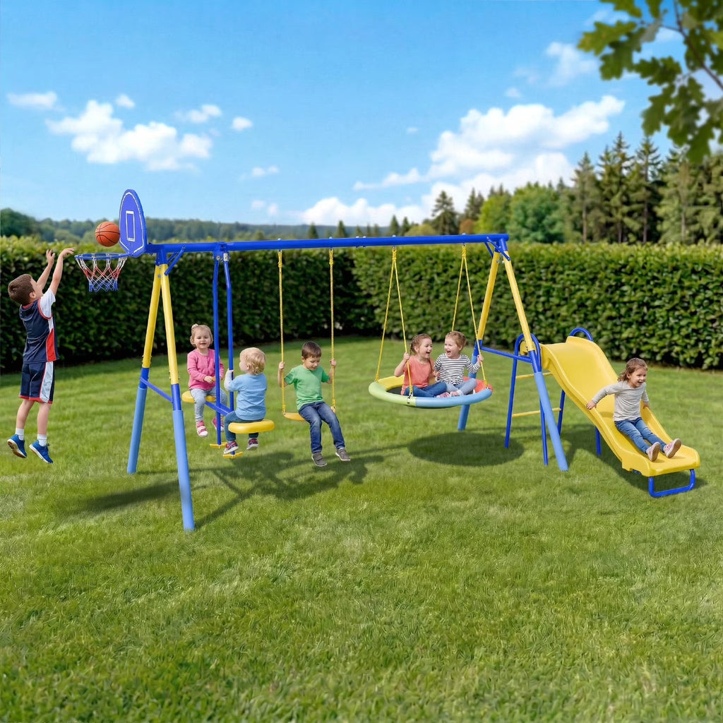 Gardwin GW-SW502-BY Swing Sets Heavy-Duty Outdoor Metal Swing sets for Backyard,Playground,Outside Toys with Glider,Saucer Swing,Belt Swing,Wave Slide,Basketball Hoop for Aged 3-12