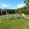 Gardwin GW-SW502-BY Swing Sets Heavy-Duty Outdoor Metal Swing sets for Backyard,Playground,Outside Toys with Glider,Saucer Swing,Belt Swing,Wave Slide,Basketball Hoop for Aged 3-12