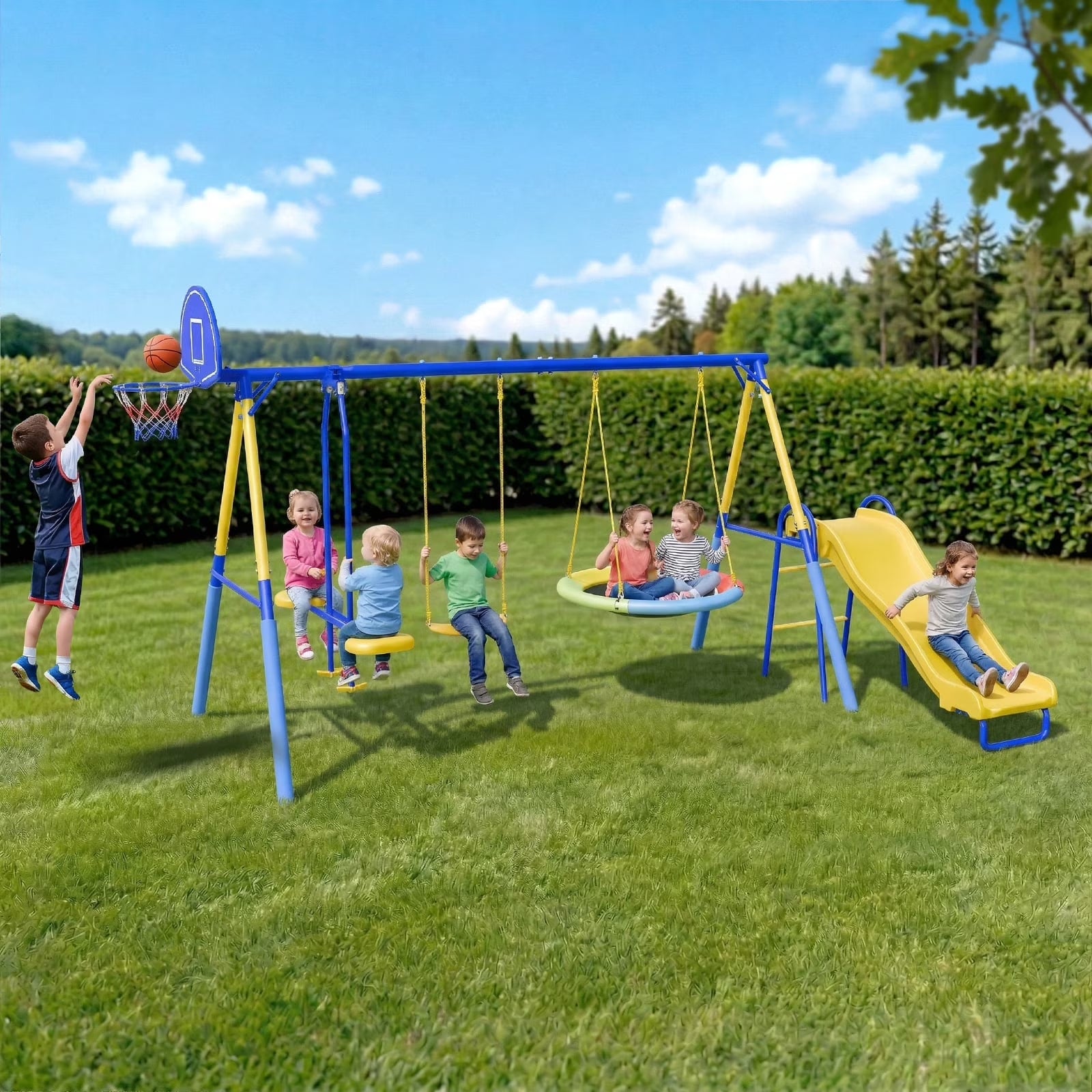 Gardwin GW-SW502-BY Swing Sets Heavy-Duty Outdoor Metal Swing sets for Backyard,Playground,Outside Toys with Glider,Saucer Swing,Belt Swing,Wave Slide,Basketball Hoop for Aged 3-12