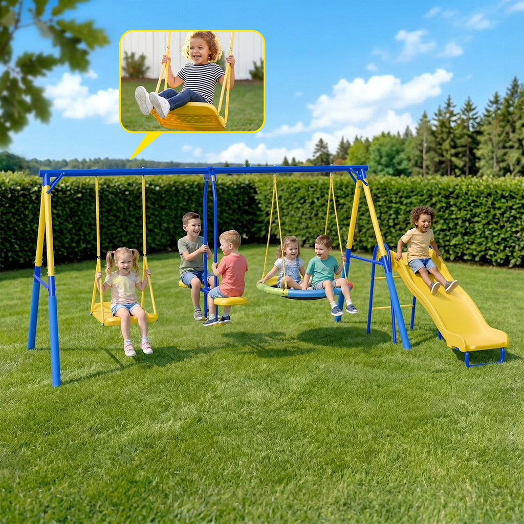 Gardwin GW-SW402-BY Swing Sets Heavy-Duty Outdoor Metal Swing sets for Backyard,Playground,Outside Toys with Glider,Saucer Swing,Wave Slide,Sitting Swing for 6 Kids Aged 3-12