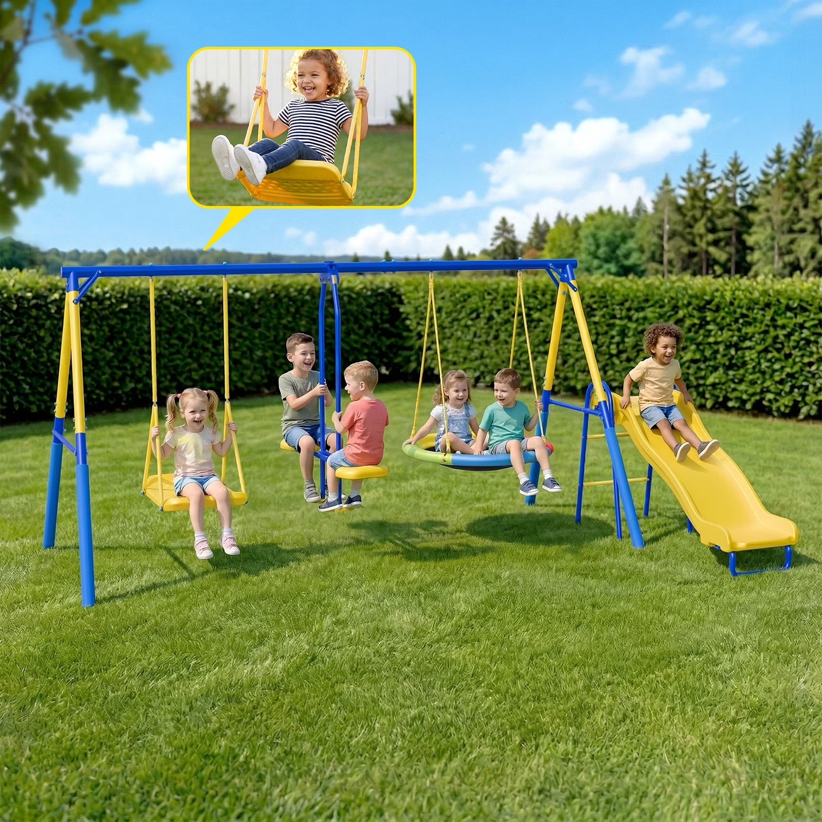 Gardwin GW-SW402-BY Swing Sets Heavy-Duty Outdoor Metal Swing sets for Backyard,Playground,Outside Toys with Glider,Saucer Swing,Wave Slide,Sitting Swing for 6 Kids Aged 3-12