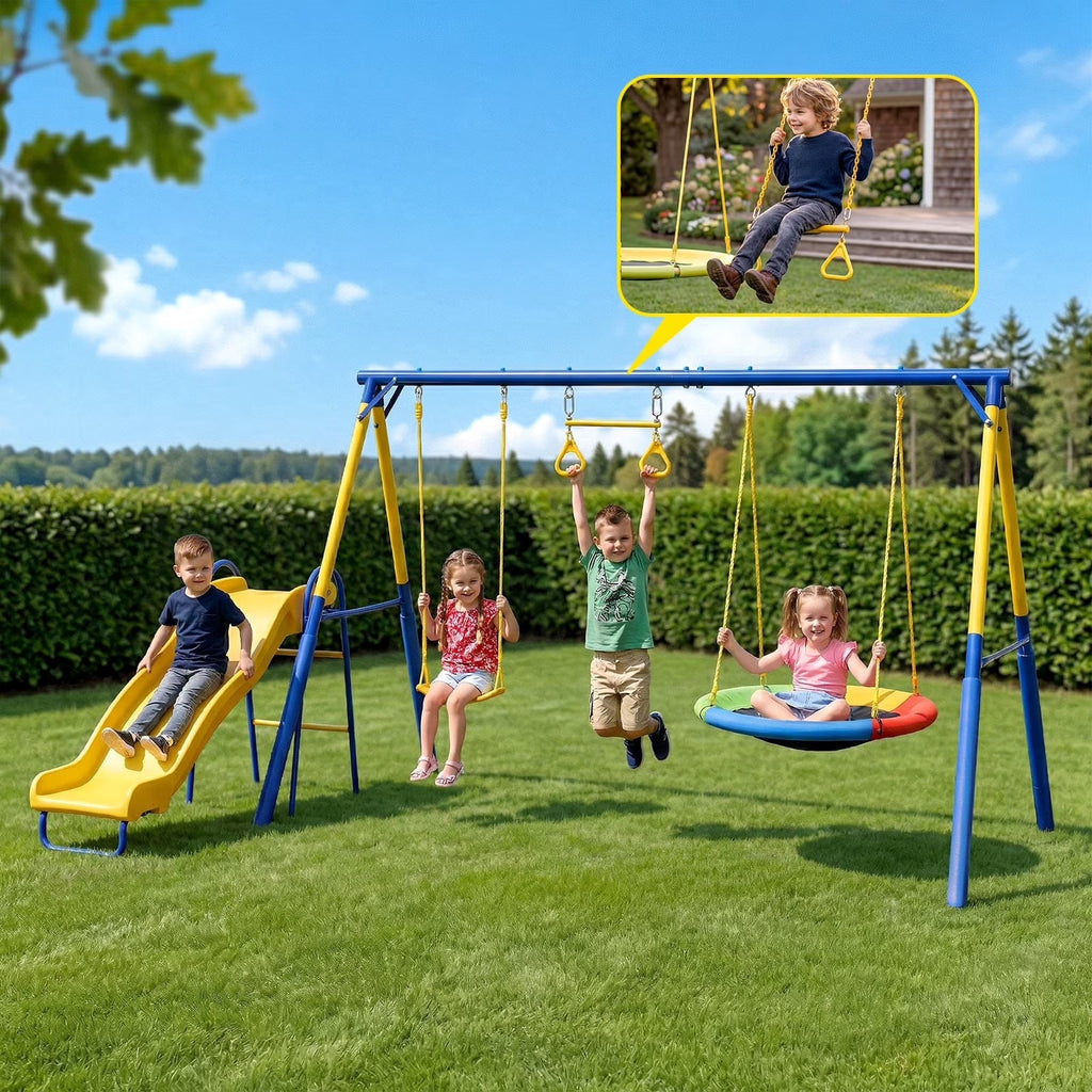 Gardwin GW-SW401-BY Super Metal Swing Set with Saucer Swing,Belt Swing,Trapeze Bar Ring,Wave Slide and Bonus Anchor Kit, Great for Kids Aged 3-12