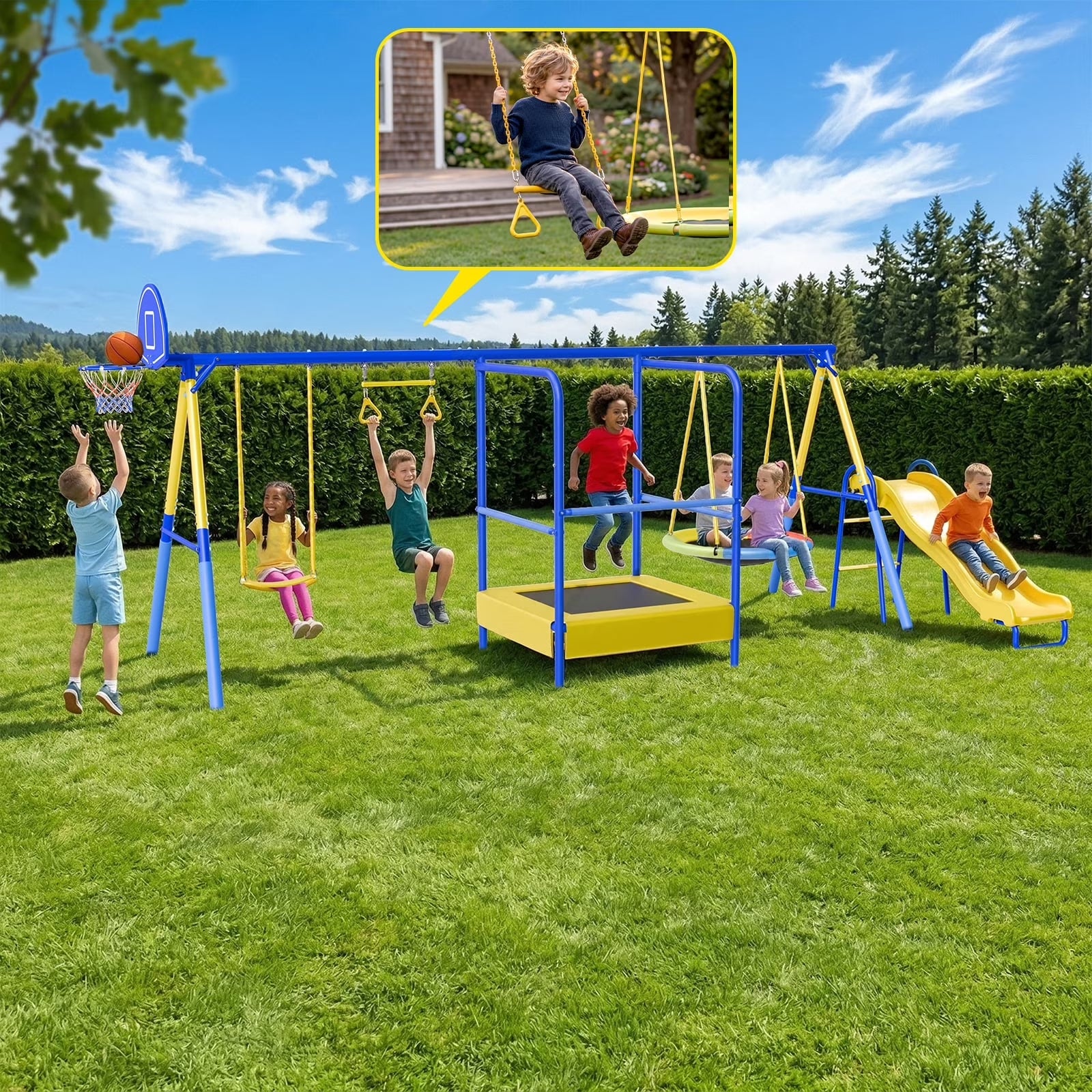 Gardwin GW-SW601-BY Metal Swing Sets with Trampoline,Heavy-Duty Outdoor Swing sets for Backyard,Playground,Outside Toys with Saucer Swing,Wave Slide,Belt Swing,Trapeze Bar,Basketball Hoop for 7 Kids Aged 3-12