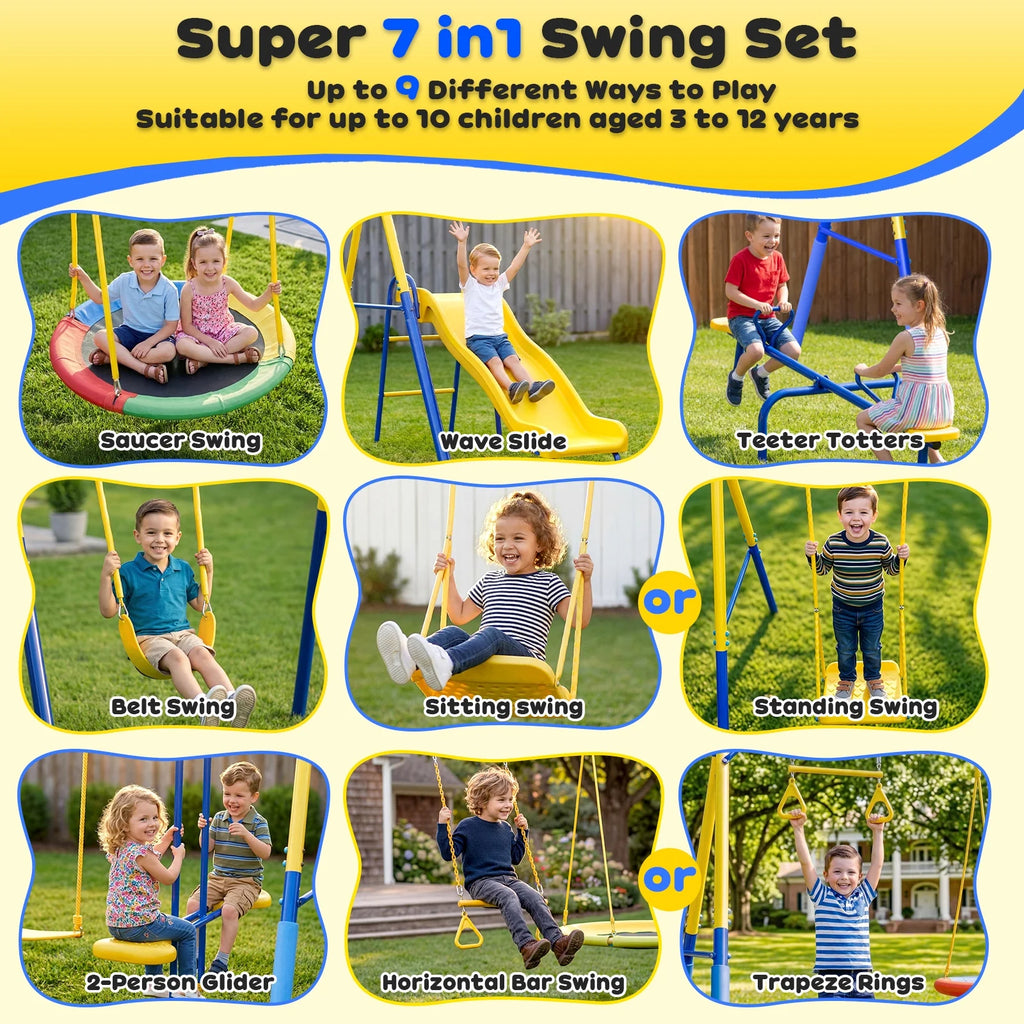 Gardwin GW-SW701-BY 7in1 Metal Swing Sets with Trampoline,Outdoor Swing sets for Backyard,Outside Toys with Saucer Swing,Slide,Glider,Belt Swing,Trapeze Bar,Standing Swing,Teeter Totters for 10 Kids Aged 3-12