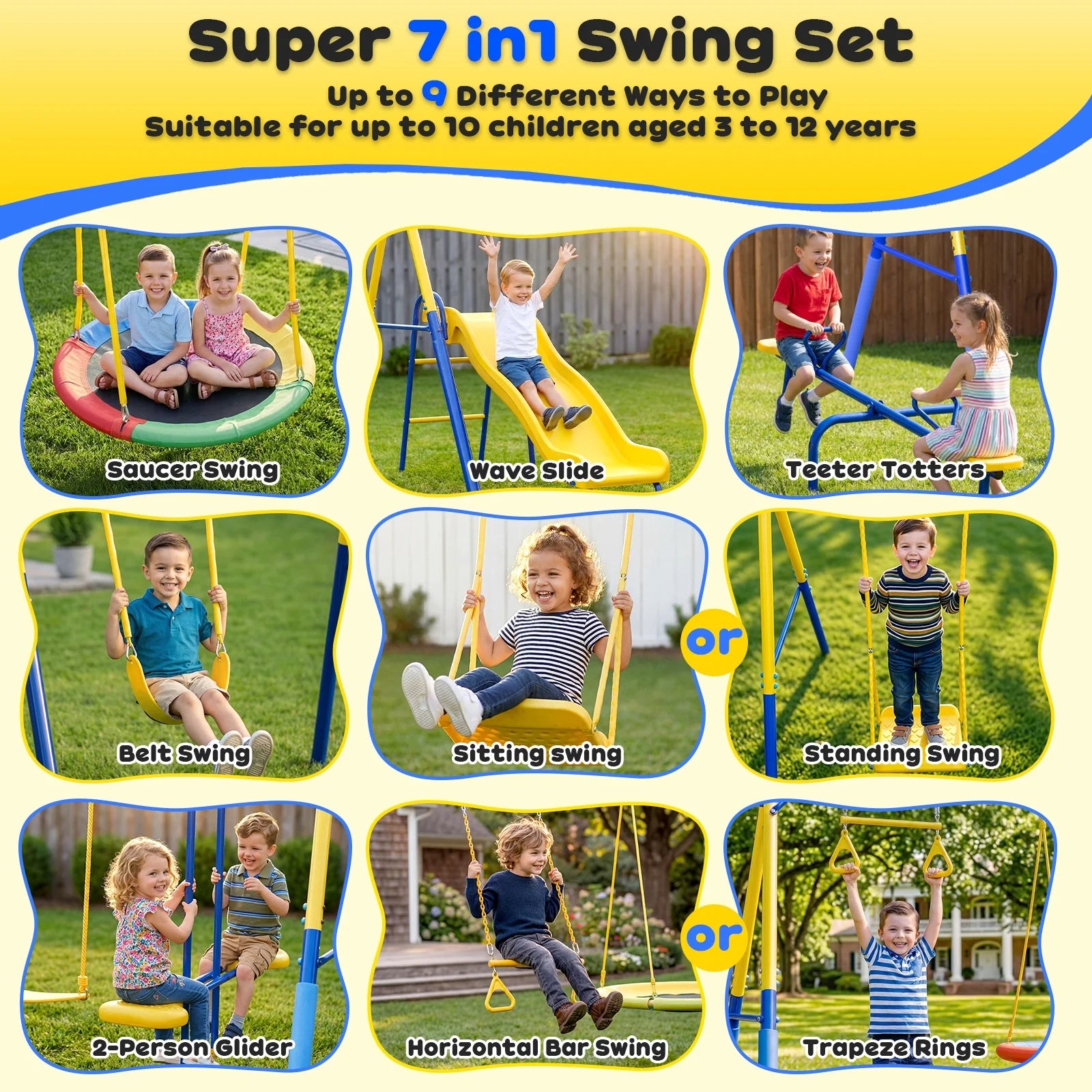 Gardwin GW-SW701-BY 7in1 Metal Swing Sets with Trampoline,Outdoor Swing sets for Backyard,Outside Toys with Saucer Swing,Slide,Glider,Belt Swing,Trapeze Bar,Standing Swing,Teeter Totters for 10 Kids Aged 3-12