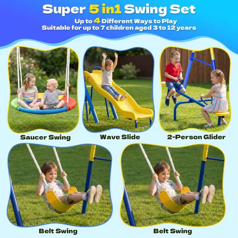 Gardwin Swing Sets Heavy-Duty Outdoor Metal Swing sets for Backyard,Playground,Outside Toys with Saucer Swing,Belt Swing,Wave Slide, Teeter-Totter for 7 Kids Aged 3-12
