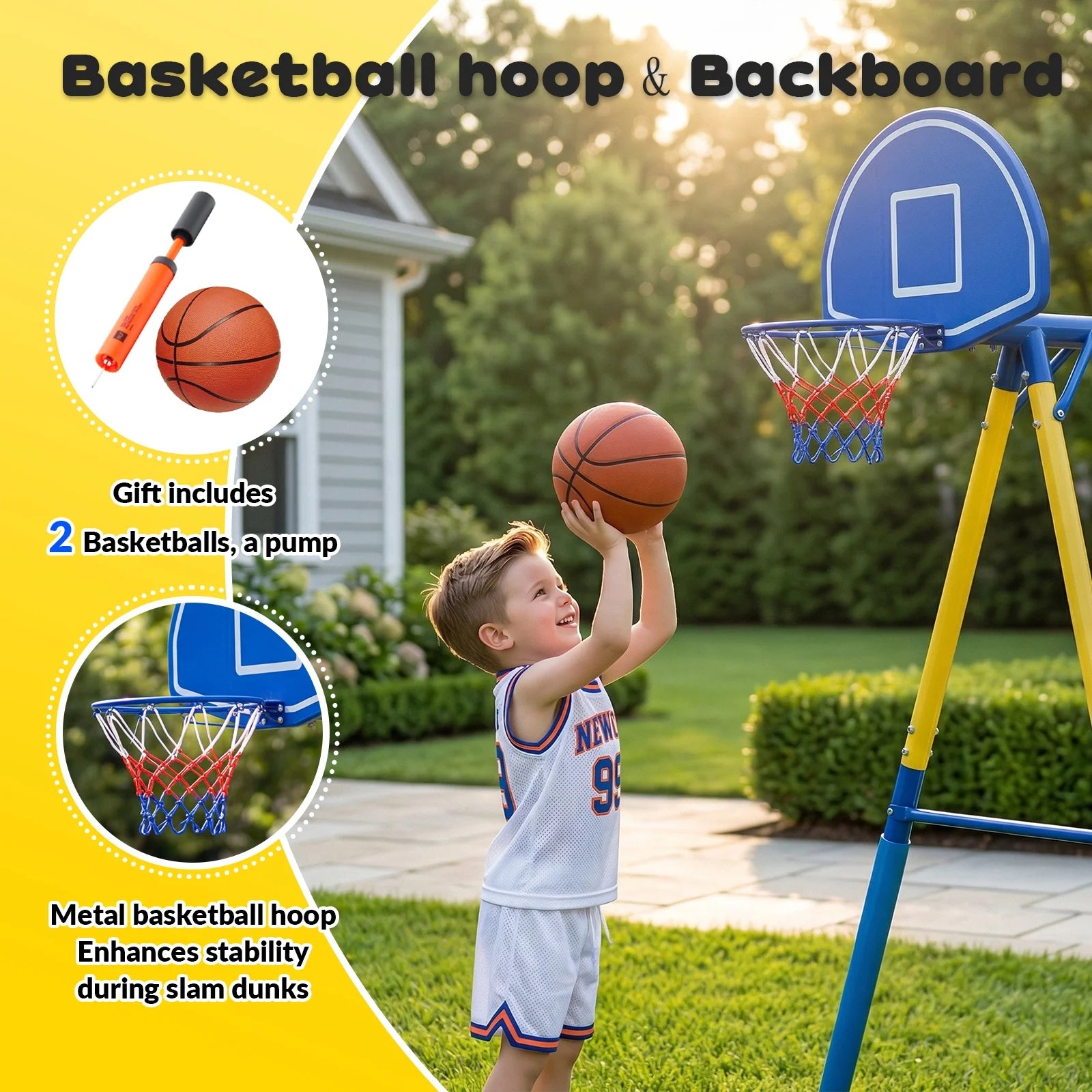 Gardwin GW-SW601-BY Metal Swing Sets with Trampoline,Heavy-Duty Outdoor Swing sets for Backyard,Playground,Outside Toys with Saucer Swing,Wave Slide,Belt Swing,Trapeze Bar,Basketball Hoop for 7 Kids Aged 3-12