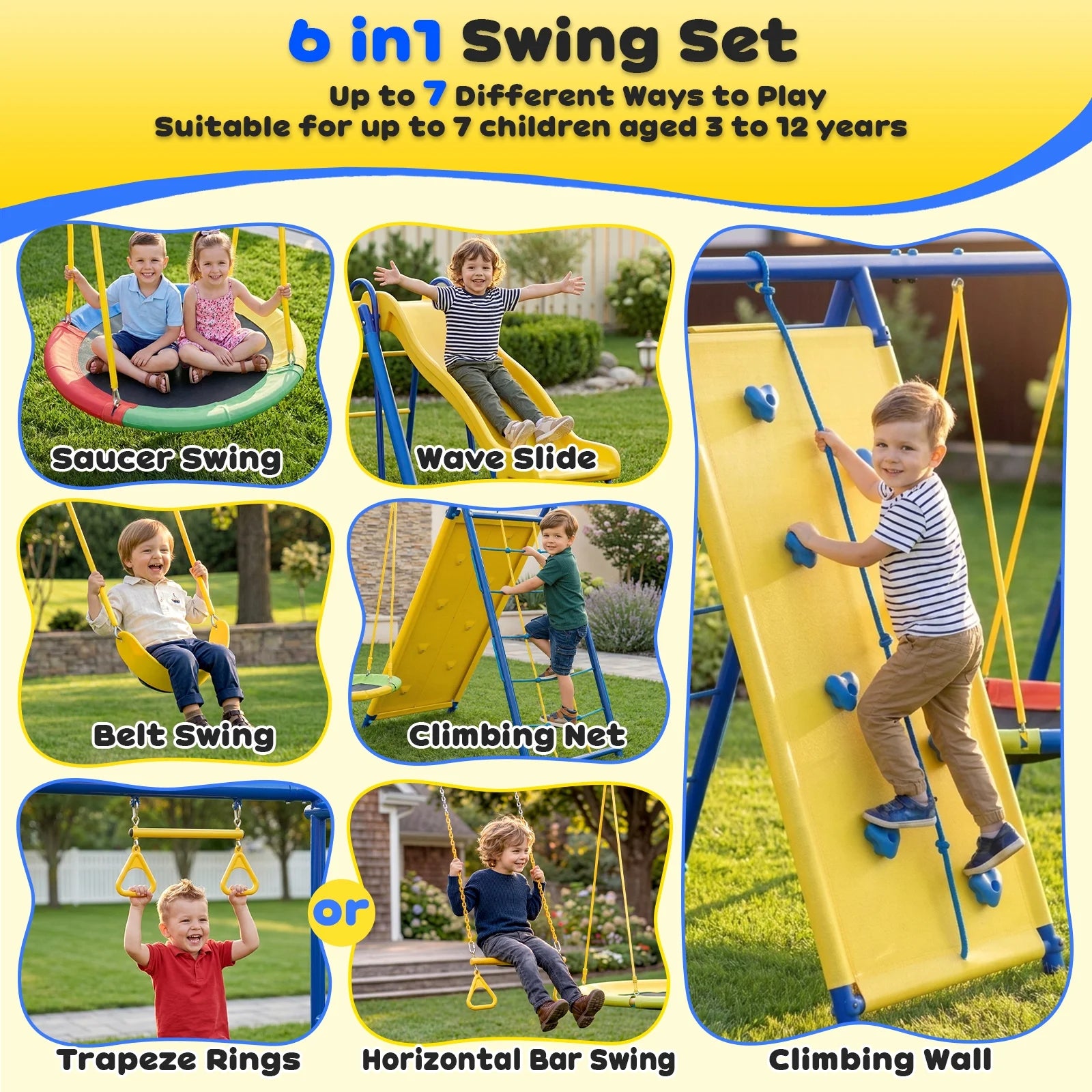 6 in1 Metal Swing Sets,Gardwin GW-SW503-BY Heavy-Duty Outdoor Swing sets for Backyard,Playground,Outside Toys with Climber Net,Climber Wall,Saucer Swing,Wave Slide,Belt Swing ,Trapeze Bar for 7 Kids Aged 3-12