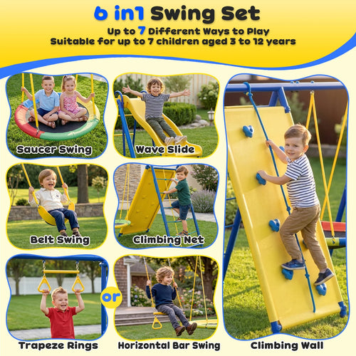 6 in1 Metal Swing Sets,Gardwin GW-SW503-BY Heavy-Duty Outdoor Swing sets for Backyard,Playground,Outside Toys with Climber Net,Climber Wall,Saucer Swing,Wave Slide,Belt Swing ,Trapeze Bar for 7 Kids Aged 3-12