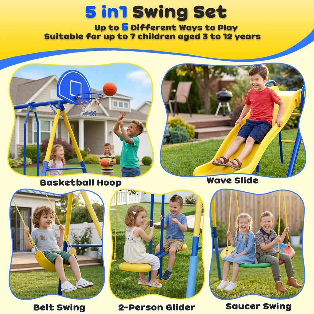 Gardwin GW-SW502-BY Swing Sets Heavy-Duty Outdoor Metal Swing sets for Backyard,Playground,Outside Toys with Glider,Saucer Swing,Belt Swing,Wave Slide,Basketball Hoop for Aged 3-12