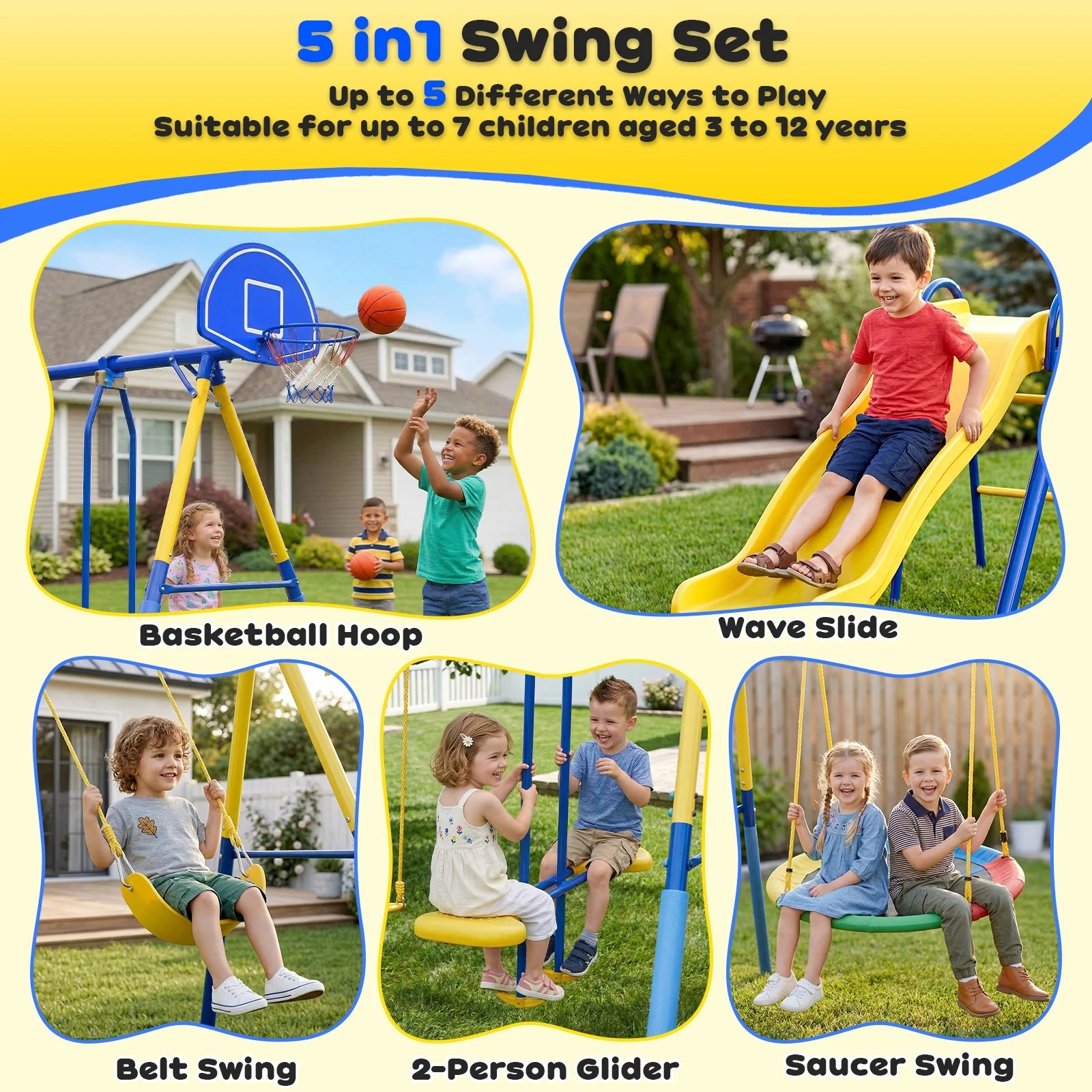 Gardwin GW-SW502-BY Swing Sets Heavy-Duty Outdoor Metal Swing sets for Backyard,Playground,Outside Toys with Glider,Saucer Swing,Belt Swing,Wave Slide,Basketball Hoop for Aged 3-12