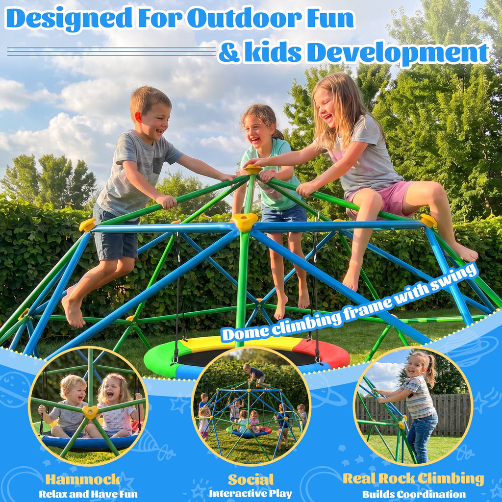 10FT Climber Dome with Saucer Swing and Led String Light,Gardwin Kids Outdoor Jungle Gym Geometric Climbing Domer Outdoor Play Toddler Set for Ages 3-12, Supports up to 880lbs