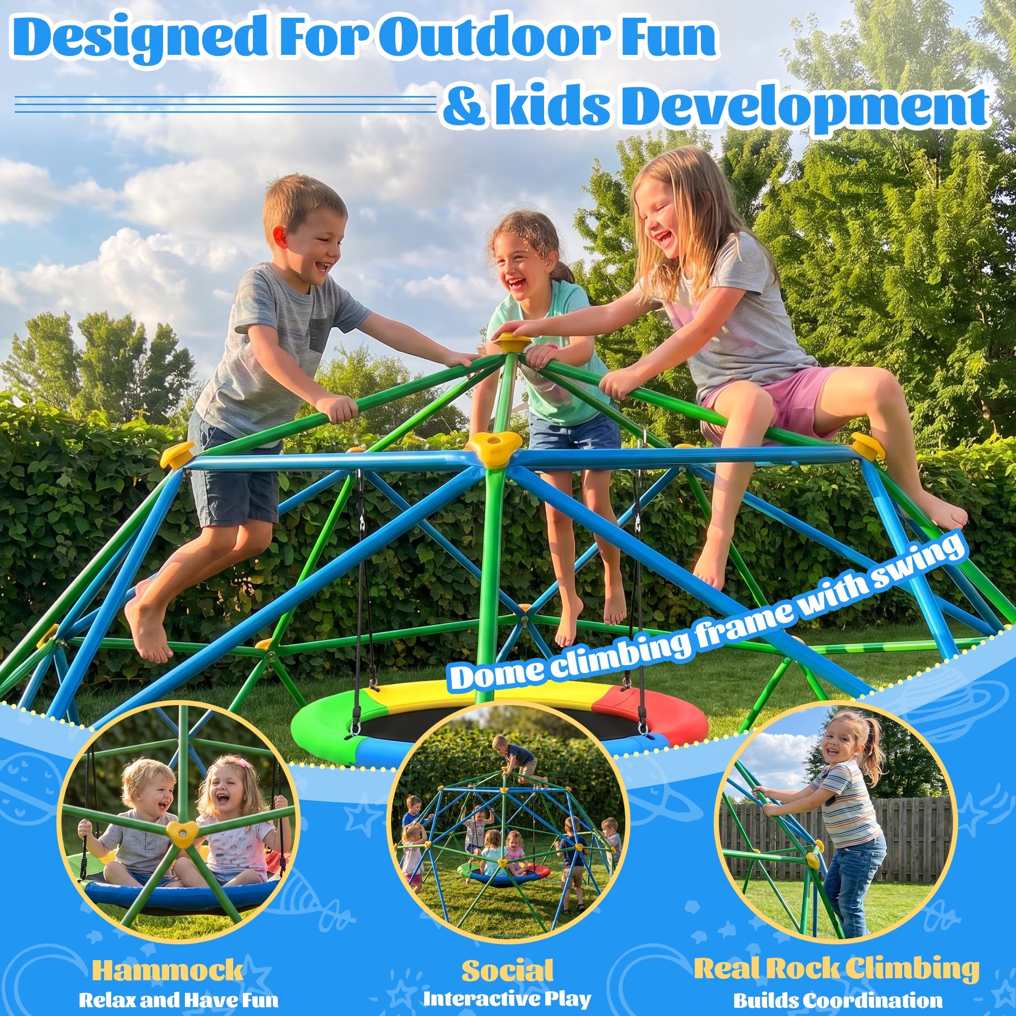 10FT Climber Dome with Saucer Swing and Led String Light,Gardwin Kids Outdoor Jungle Gym Geometric Climbing Domer Outdoor Play Toddler Set for Ages 3-12, Supports up to 880lbs