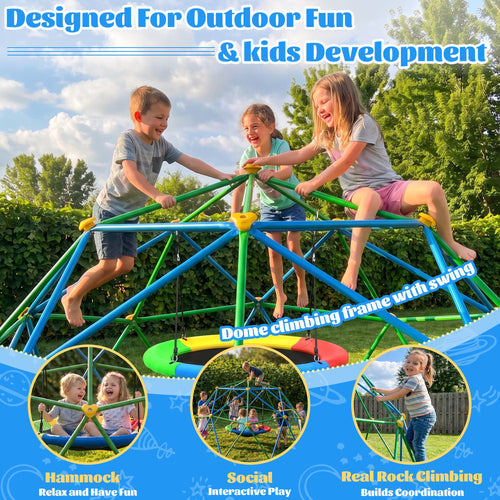 10FT Climber Dome with Saucer Swing and Led String Light,Gardwin Kids Outdoor Jungle Gym Geometric Climbing Domer Outdoor Play Toddler Set for Ages 3-12, Supports up to 880lbs