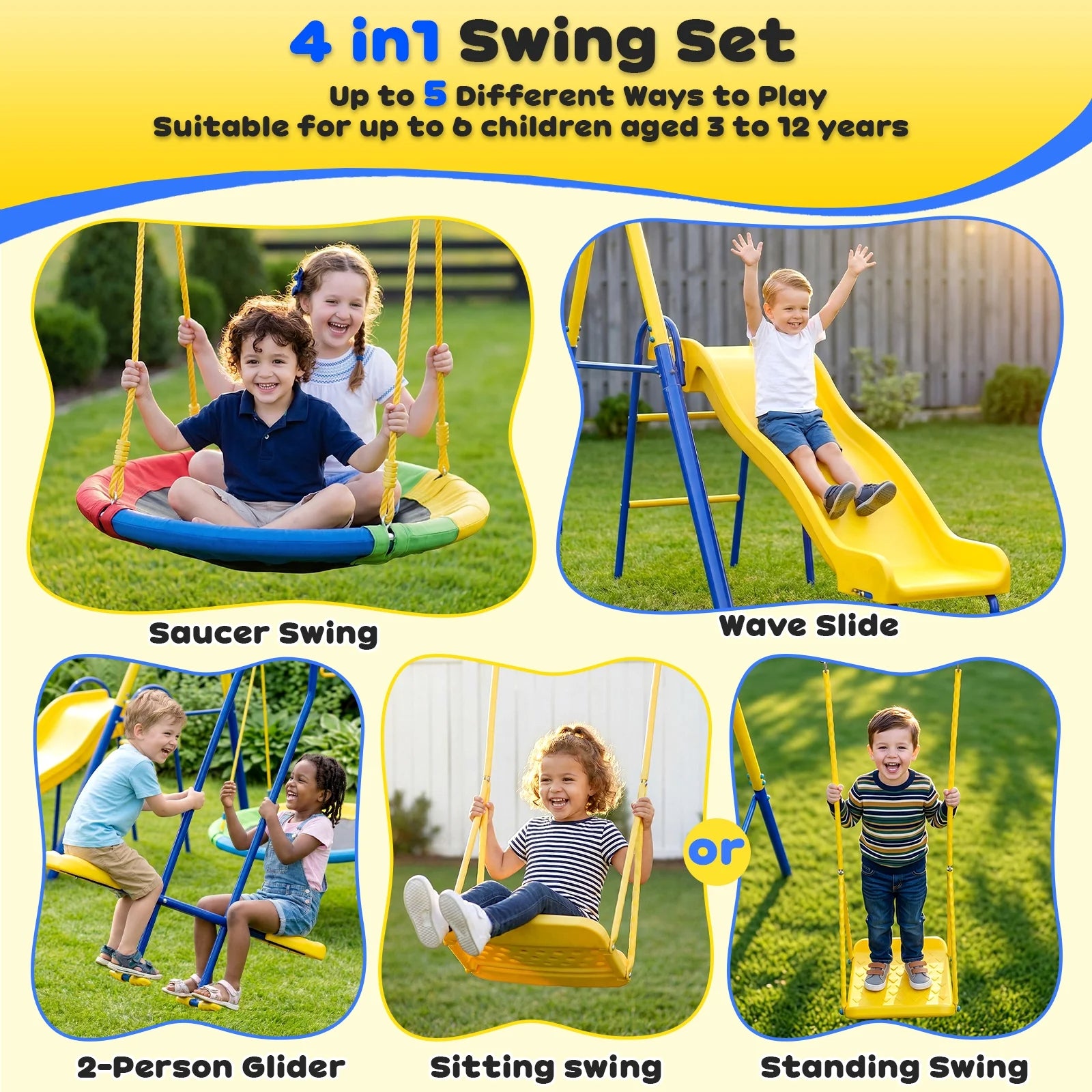 Gardwin GW-SW402-BY Swing Sets Heavy-Duty Outdoor Metal Swing sets for Backyard,Playground,Outside Toys with Glider,Saucer Swing,Wave Slide,Sitting Swing for 6 Kids Aged 3-12