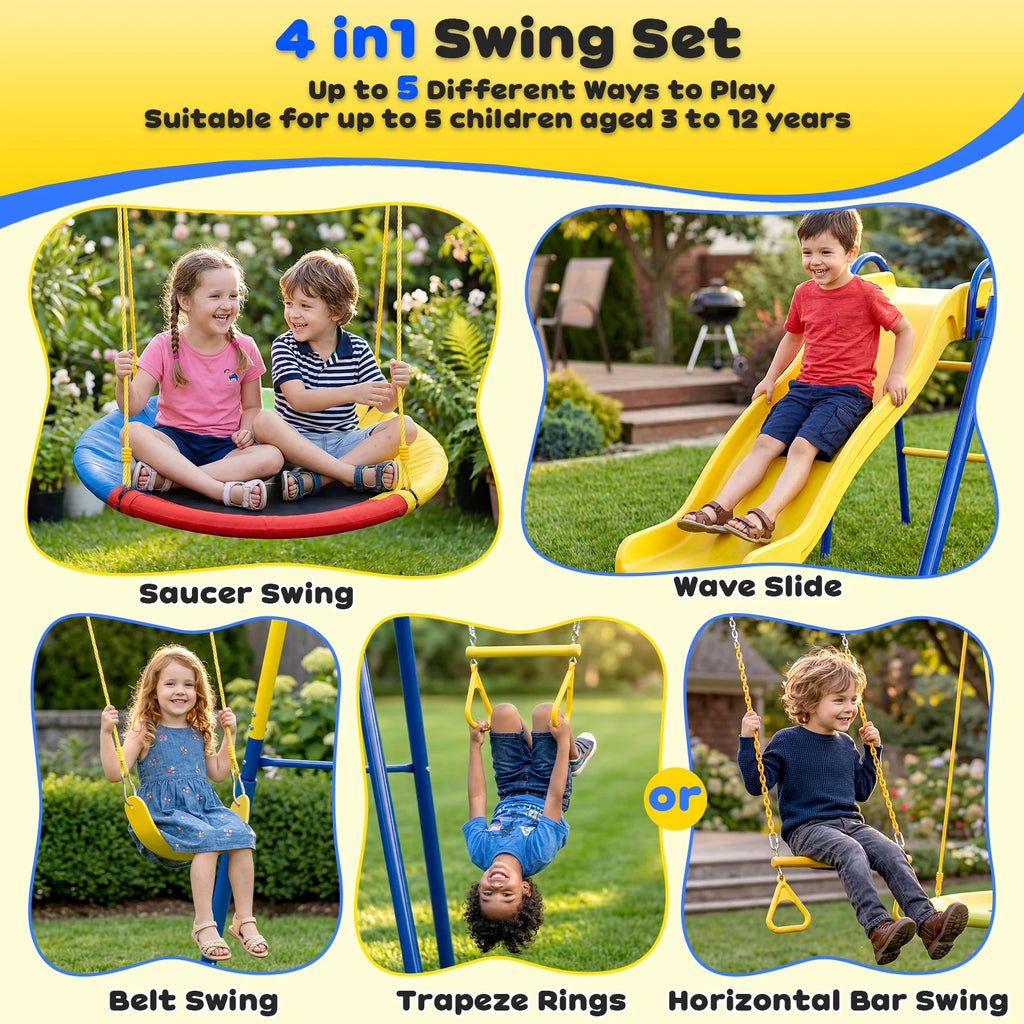 Gardwin GW-SW401-BY Super Metal Swing Set with Saucer Swing,Belt Swing,Trapeze Bar Ring,Wave Slide and Bonus Anchor Kit, Great for Kids Aged 3-12