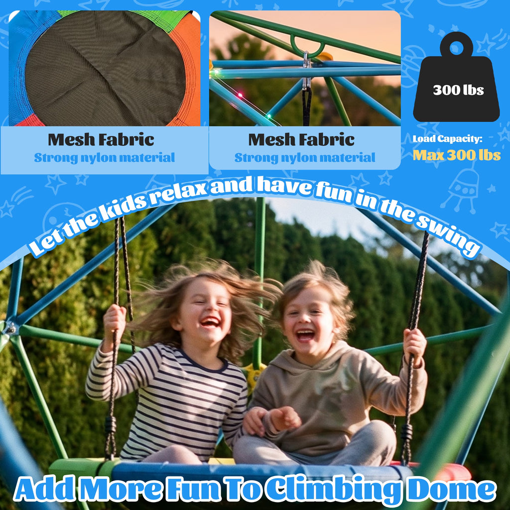 10FT Climber Dome with Saucer Swing and Led String Light,Gardwin Kids Outdoor Jungle Gym Geometric Climbing Domer Outdoor Play Toddler Set for Ages 3-12, Supports up to 880lbs