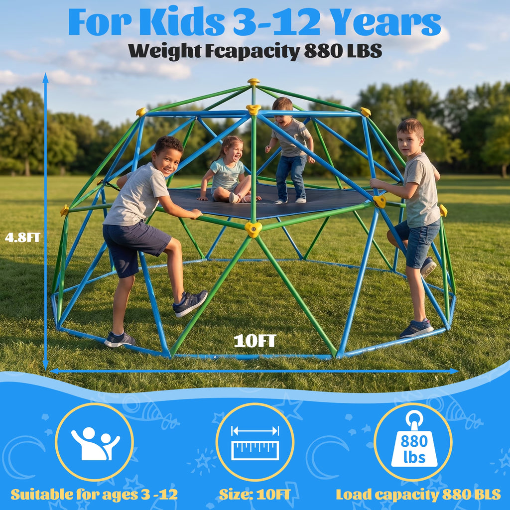 10FT Climbing Dome with Hammock and Led String Light,Gardwin Kids Geometric Climber Dome Jungle Gym Outdoor Play Toddler Play Set for Ages 3-12, Supports up to 880lbs