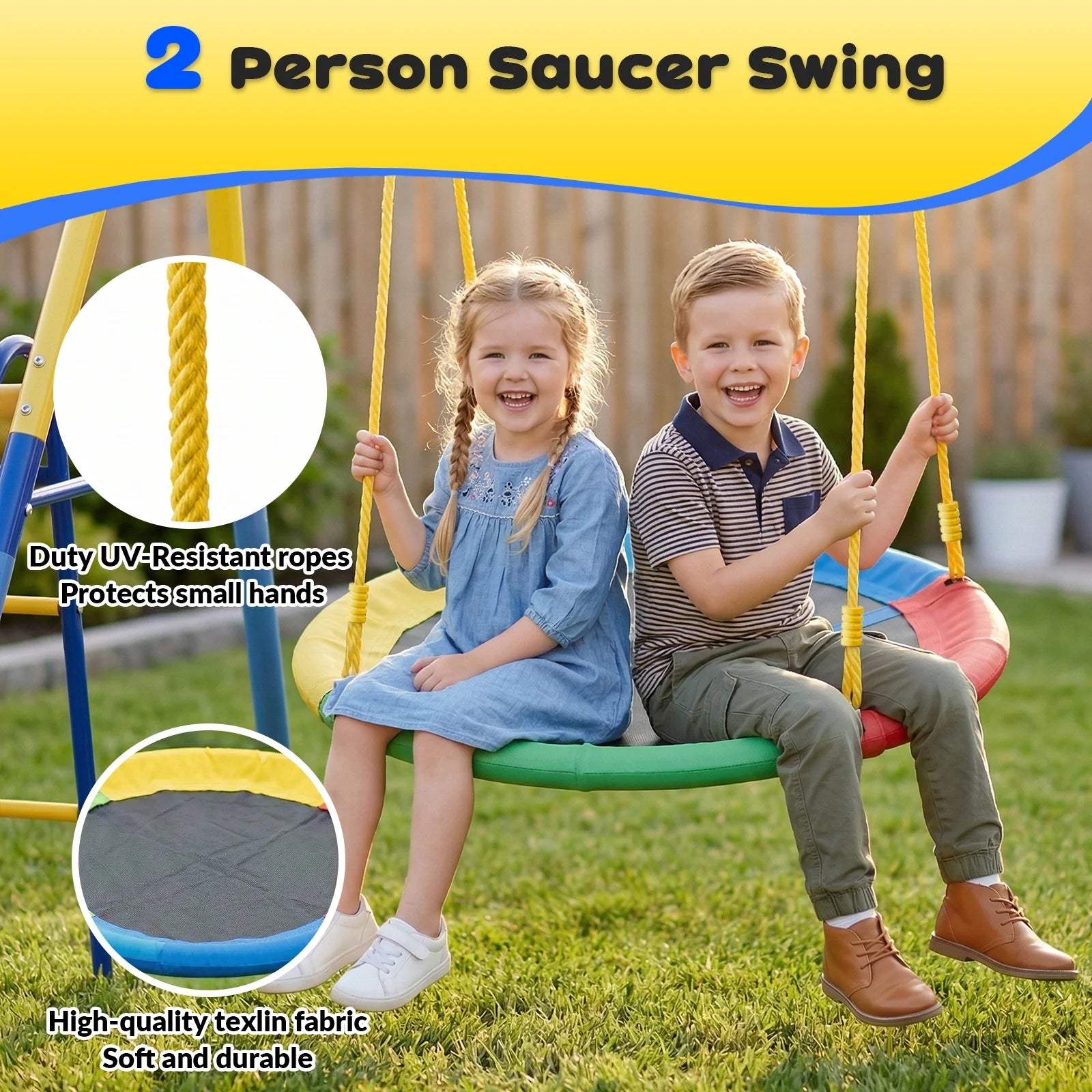Gardwin GW-SW502-BY Swing Sets Heavy-Duty Outdoor Metal Swing sets for Backyard,Playground,Outside Toys with Glider,Saucer Swing,Belt Swing,Wave Slide,Basketball Hoop for Aged 3-12