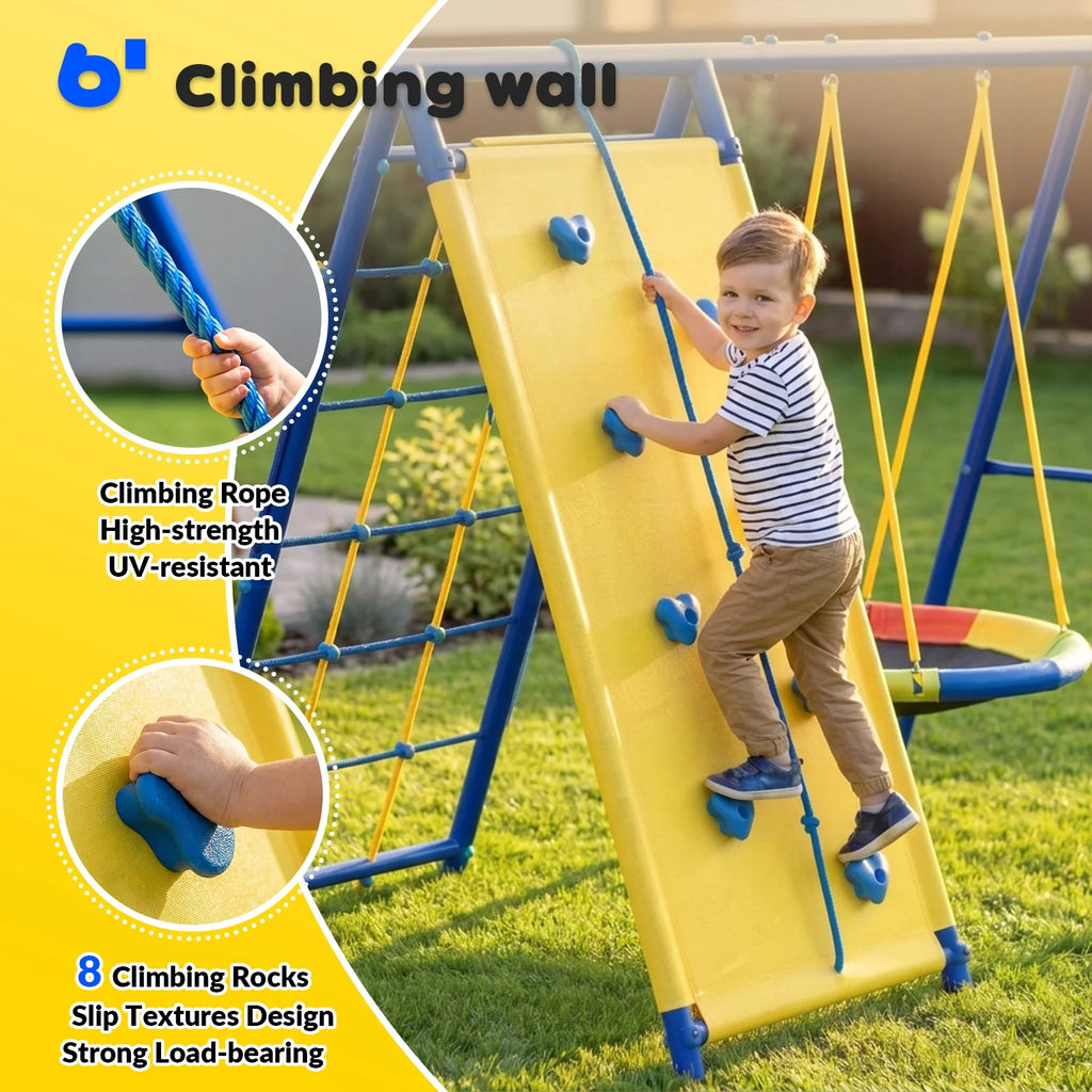6 in1 Metal Swing Sets,Gardwin GW-SW503-BY Heavy-Duty Outdoor Swing sets for Backyard,Playground,Outside Toys with Climber Net,Climber Wall,Saucer Swing,Wave Slide,Belt Swing ,Trapeze Bar for 7 Kids Aged 3-12