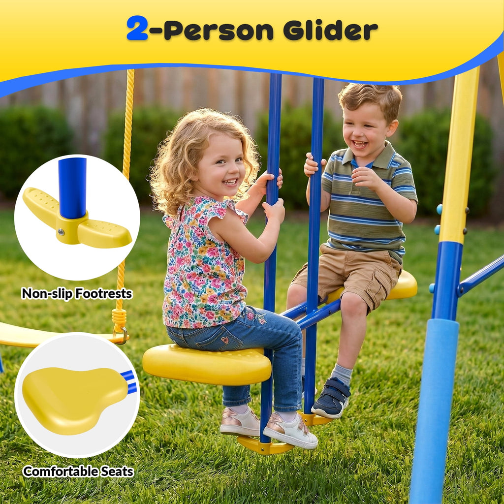 Gardwin GW-SW701-BY 7in1 Metal Swing Sets with Trampoline,Outdoor Swing sets for Backyard,Outside Toys with Saucer Swing,Slide,Glider,Belt Swing,Trapeze Bar,Standing Swing,Teeter Totters for 10 Kids Aged 3-12