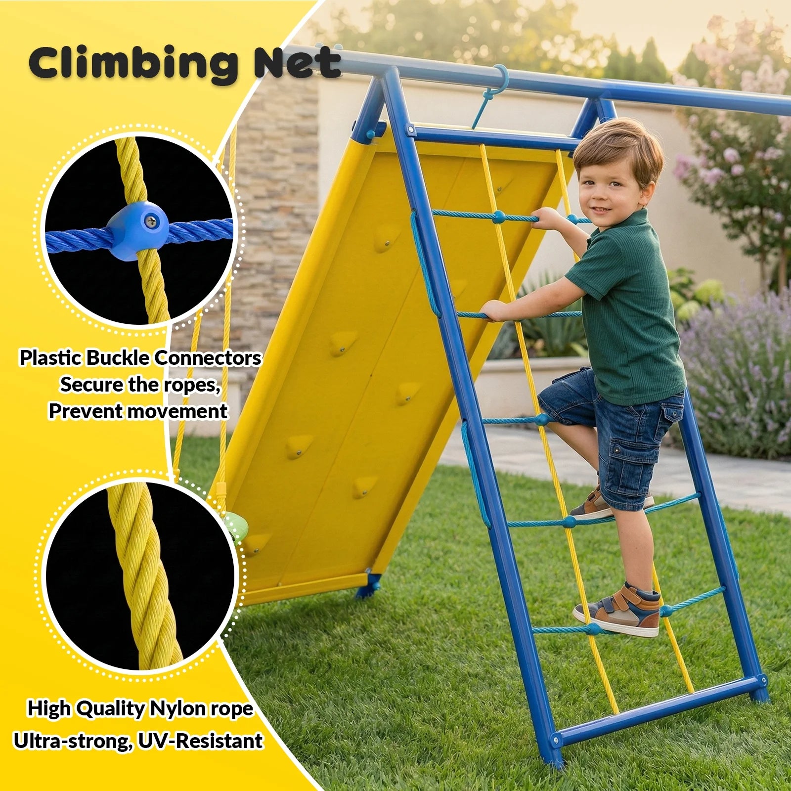 6 in1 Metal Swing Sets,Gardwin GW-SW503-BY Heavy-Duty Outdoor Swing sets for Backyard,Playground,Outside Toys with Climber Net,Climber Wall,Saucer Swing,Wave Slide,Belt Swing ,Trapeze Bar for 7 Kids Aged 3-12