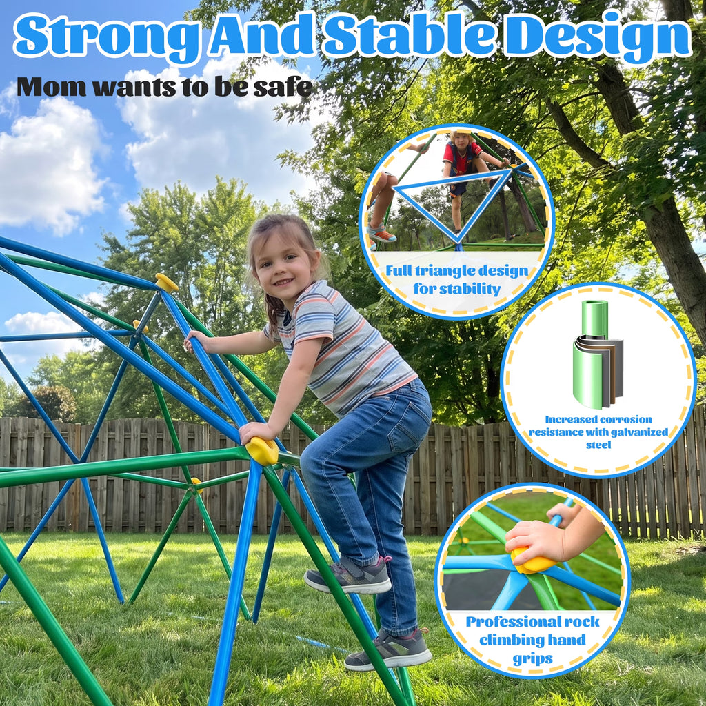 10FT Climber Dome with Saucer Swing and Led String Light,Gardwin Kids Outdoor Jungle Gym Geometric Climbing Domer Outdoor Play Toddler Set for Ages 3-12, Supports up to 880lbs