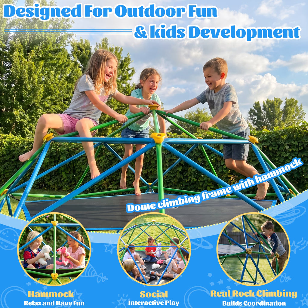 10FT Climbing Dome with Hammock and Led String Light,Gardwin Kids Geometric Climber Dome Jungle Gym Outdoor Play Toddler Play Set for Ages 3-12, Supports up to 880lbs