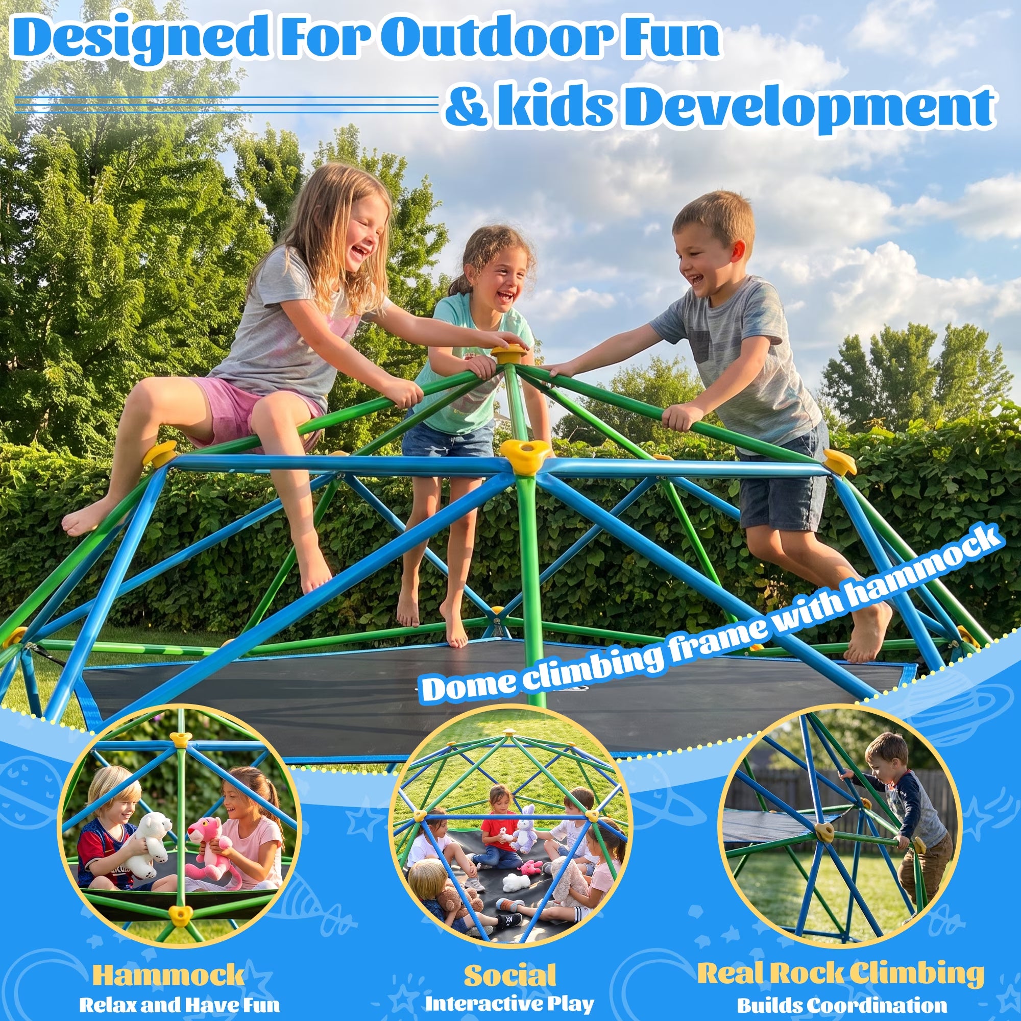 10FT Climbing Dome with Hammock and Led String Light,Gardwin Kids Geometric Climber Dome Jungle Gym Outdoor Play Toddler Play Set for Ages 3-12, Supports up to 880lbs
