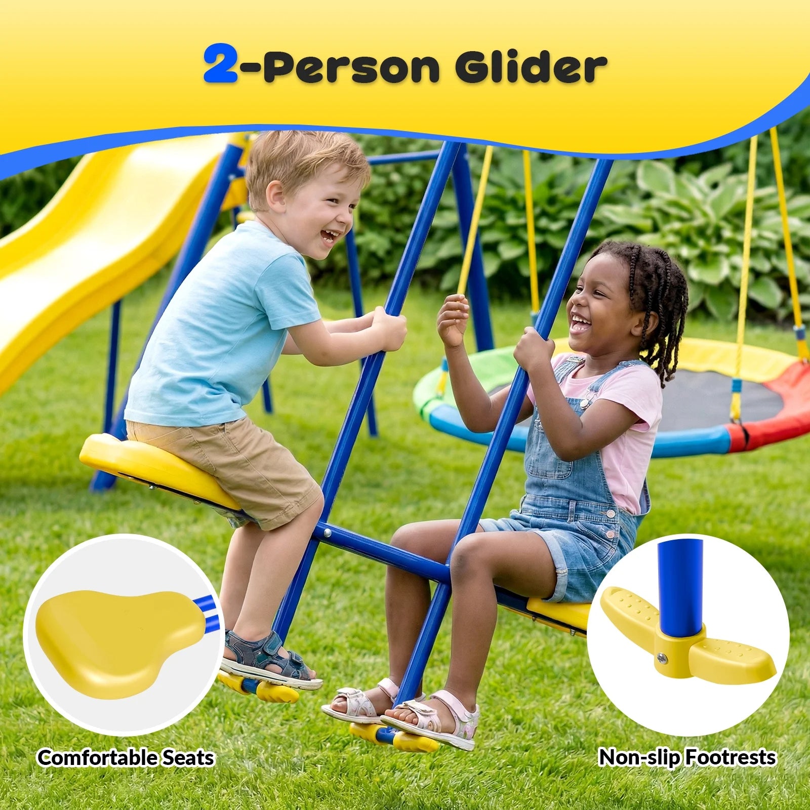 Gardwin GW-SW402-BY Swing Sets Heavy-Duty Outdoor Metal Swing sets for Backyard,Playground,Outside Toys with Glider,Saucer Swing,Wave Slide,Sitting Swing for 6 Kids Aged 3-12